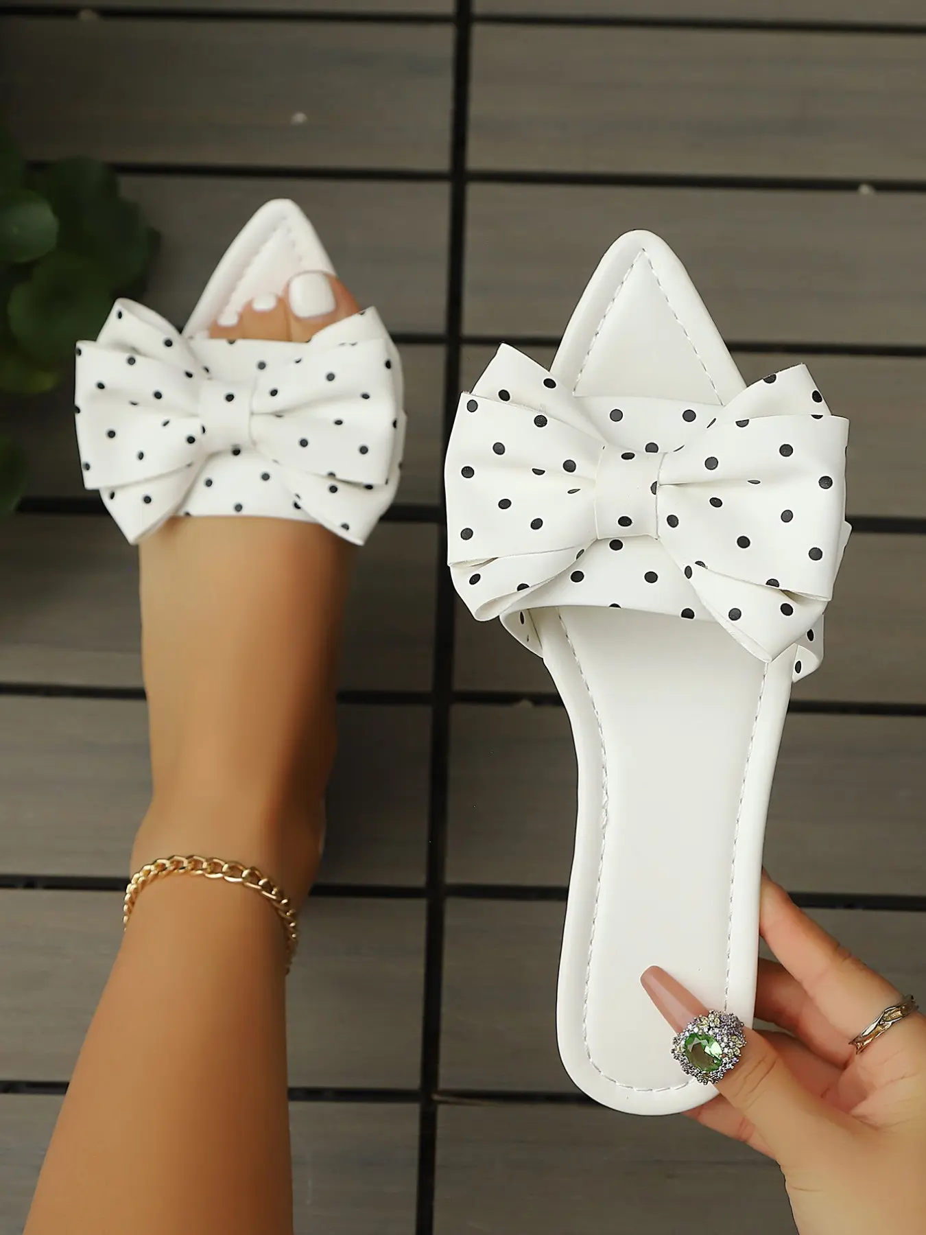 Women's Polka Dot Bow Tie Pointed Toe Sandals, Flat Open-Toe Slip-On Shoes, Summer Casual Daily Wear Flip Flops, Rubber