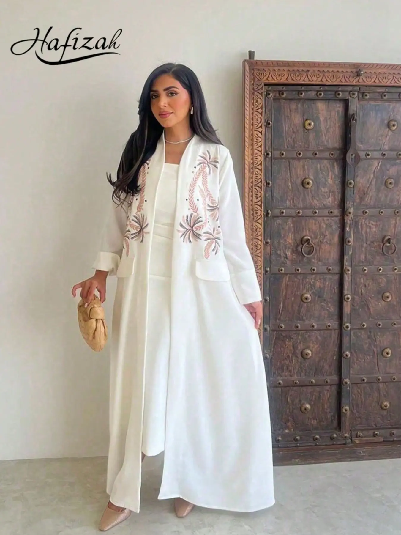 Women's Long Cardigan with Lapel Fake Pockets, Long Sleeves, Palm Tree Beaded Embroidery, Flowy Commuter Outerwear, Loose-Fit All-Season Jacket