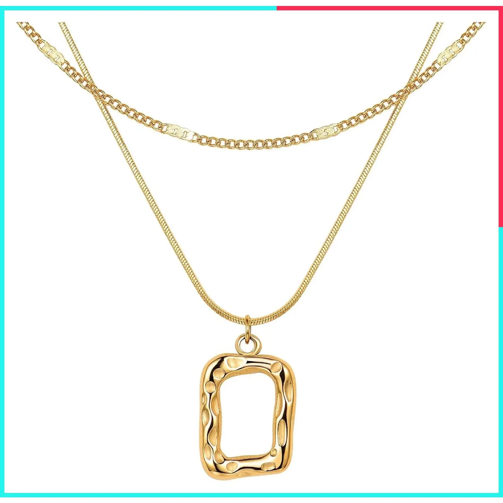 14K Real Gold Plated Layered Necklace for Women Trendy Chunky Chain Stackable Dainty Choker with Rectangle Square Pendant