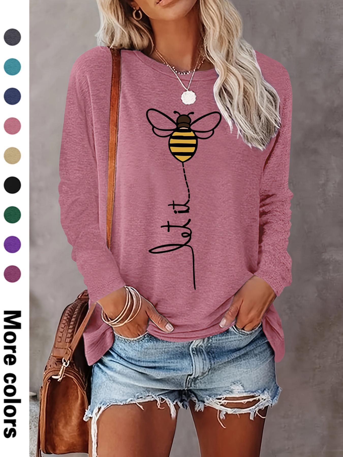 Women's Cartoon Bee Print Round Neck Fitted Tee, Casual Chic Long Sleeve Crew Neck T-shirt for Fall & Winter, Women's Top for Daily Wear, Womenswear