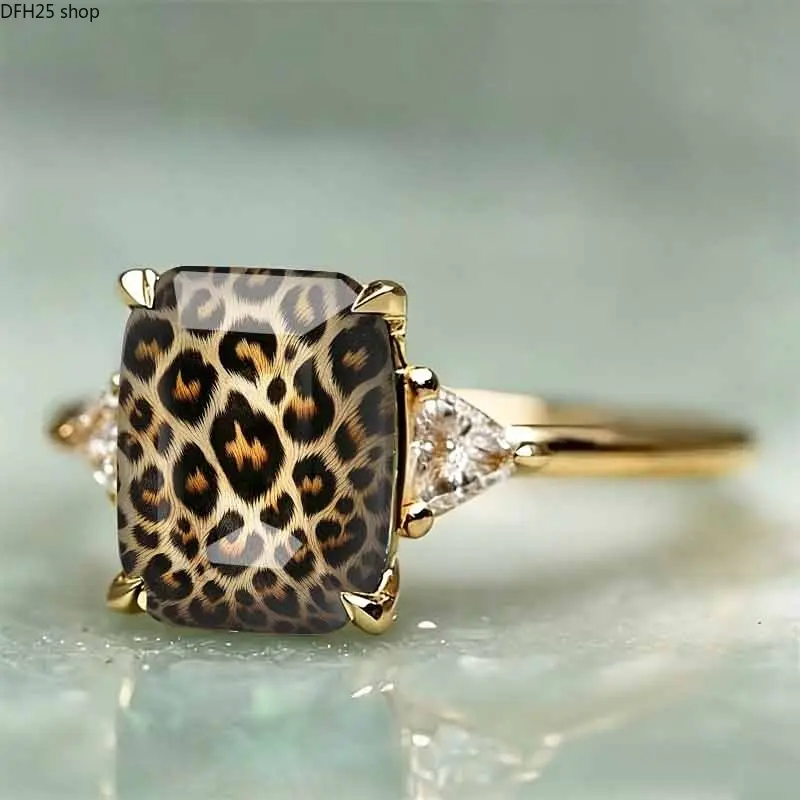 Square Top Band Ring With Vintage Leopard Texture Color Print For Women Street Style Outfits Classic Versatile Lightweight Hand Jewelry