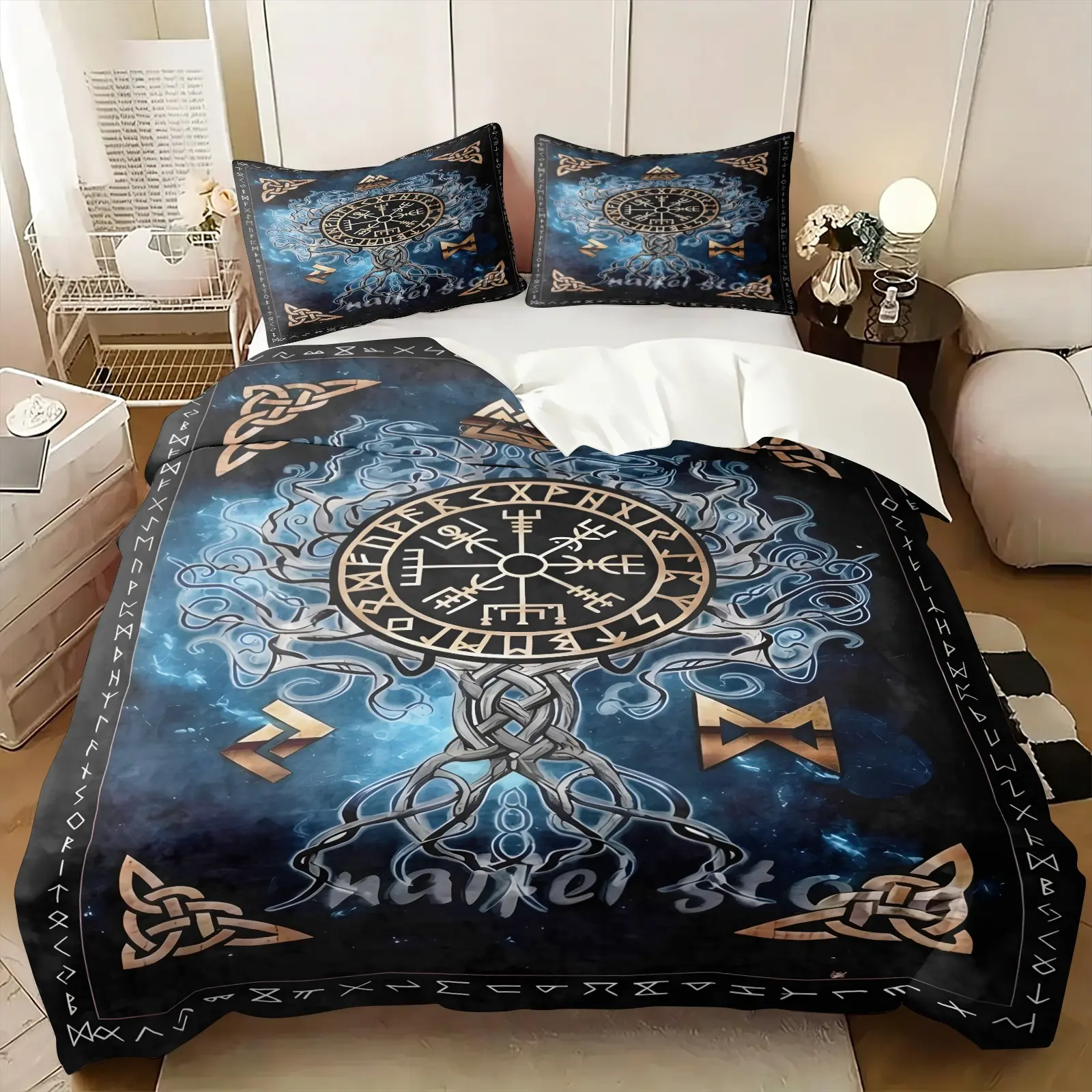 Nordic Viking Rune Life Tree Duvet Cover Set(1 Duvet +1-2 Pillowcases), Nebula Gradient Blue & Antique Bronze Patterns Bedding, Breathable Skin-Friendly Fabric, Viking Lovers' Bedroom/ Boys' Dorm Decor