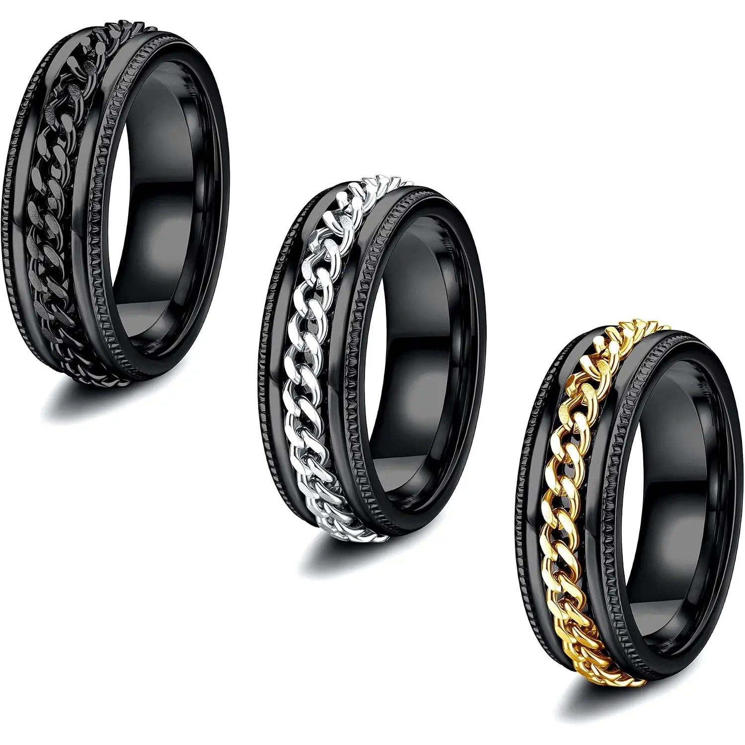 3 Pcs 8mm Stainless Steel Spinner Fidget Rings Set for Men, Grooved Edge Chain Biker Band Rings, Cool Anxiety Relief Wedding Promise Rings Sizes 7-13
