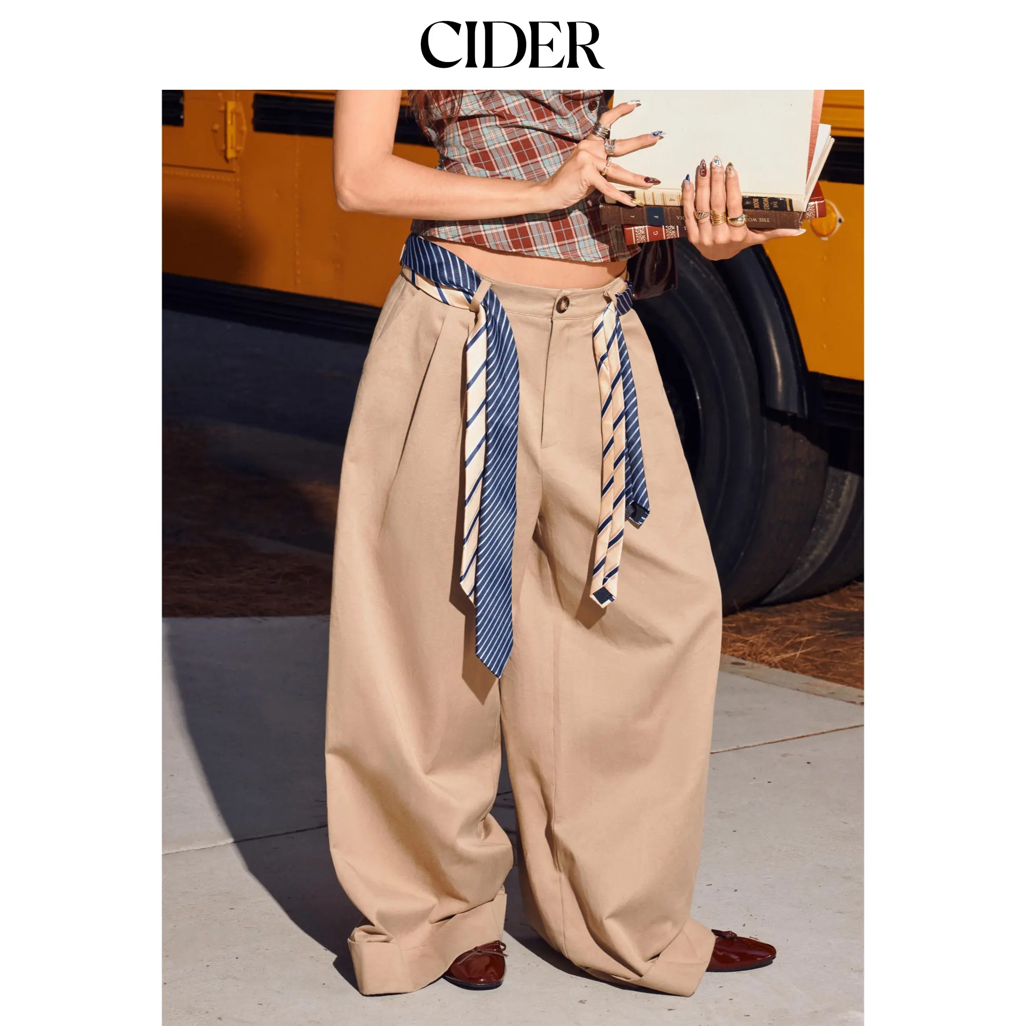 Cider Cotton-blend Low Rise Pleated Roll Hem Wide Leg Trousers