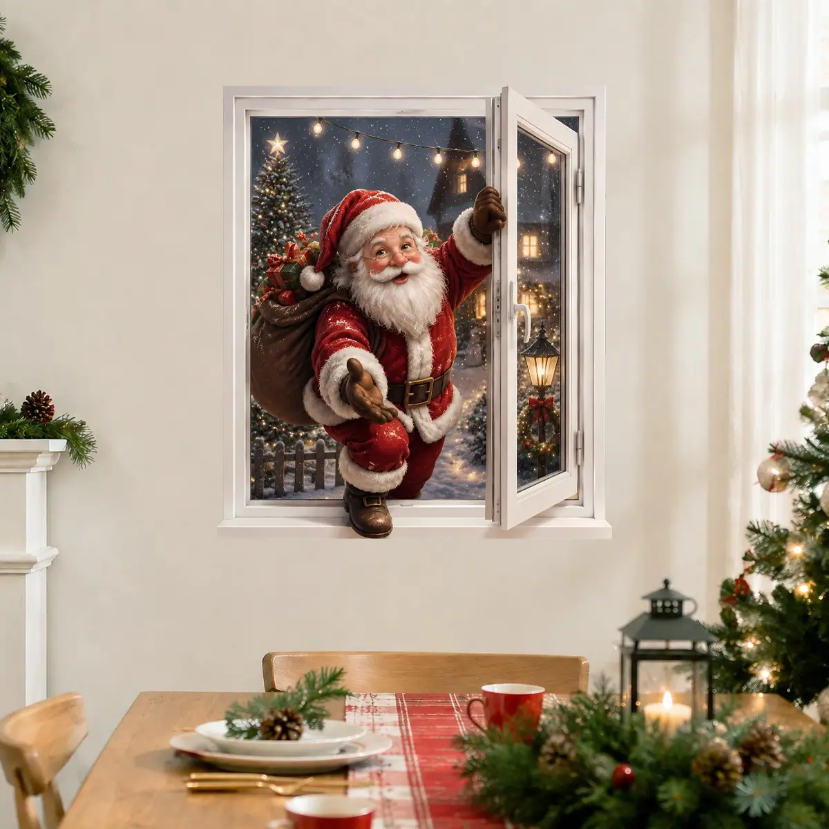 3D Santa Claus Window Wall Decal, Self-Adhesive Christmas Sticker, Universal Use for Living Room, Bedroom, Hallway, Staircase Decor