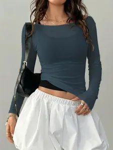 Women's Sheer Mesh Boat Neck Long Sleeve Top | Y2K Aesthetic Streetwear, Lightweight Breathable See Through Layering Tee | Slim Fit Stretchy for Summer Going Out, Lounge & Date Night
