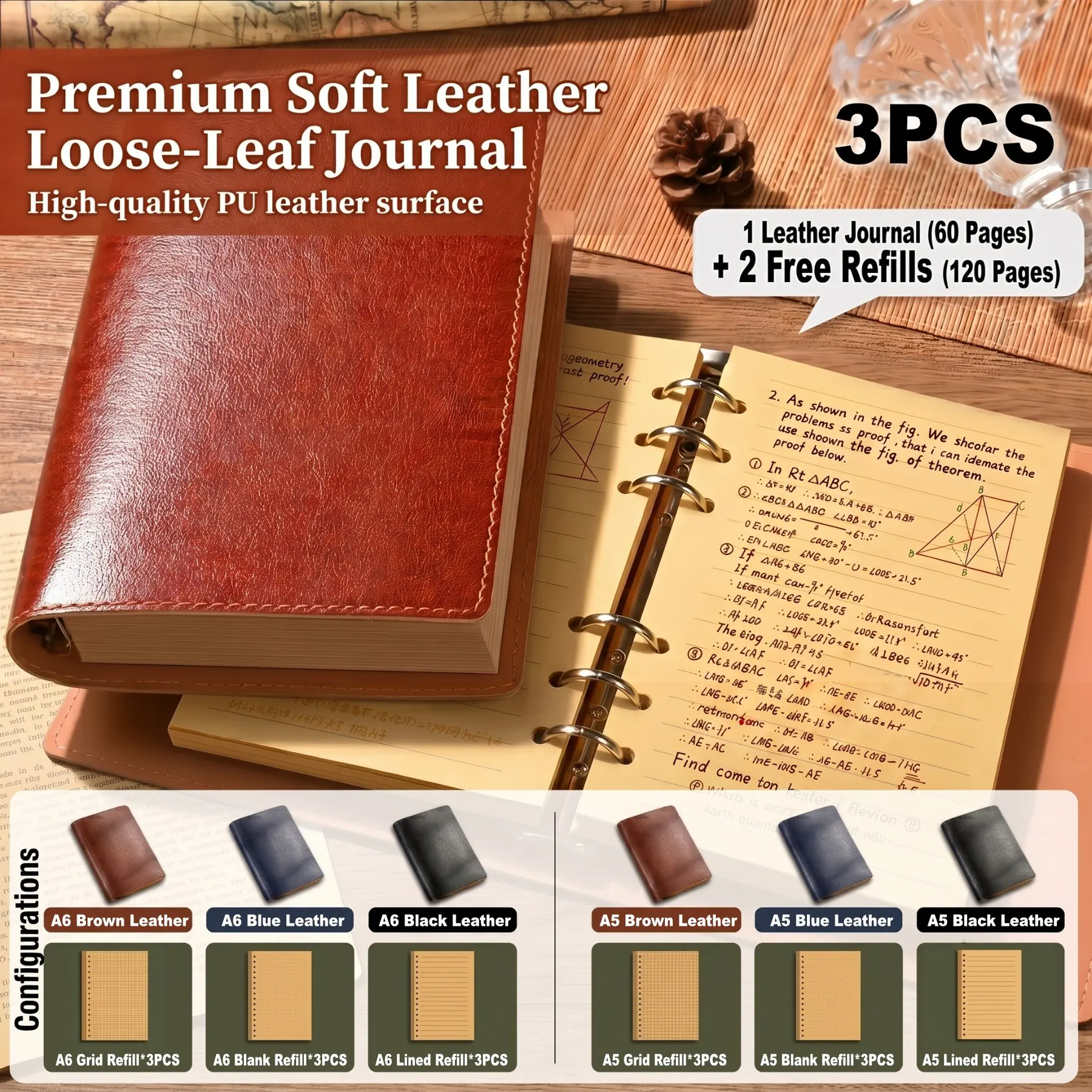 3-PCS Vintage Leather Notebook Set (A5/A6) + 2 FREE Refills | 180 Pages Thick Kraft Paper | Perfect for Office, Design & Journaling Journal Kit Set