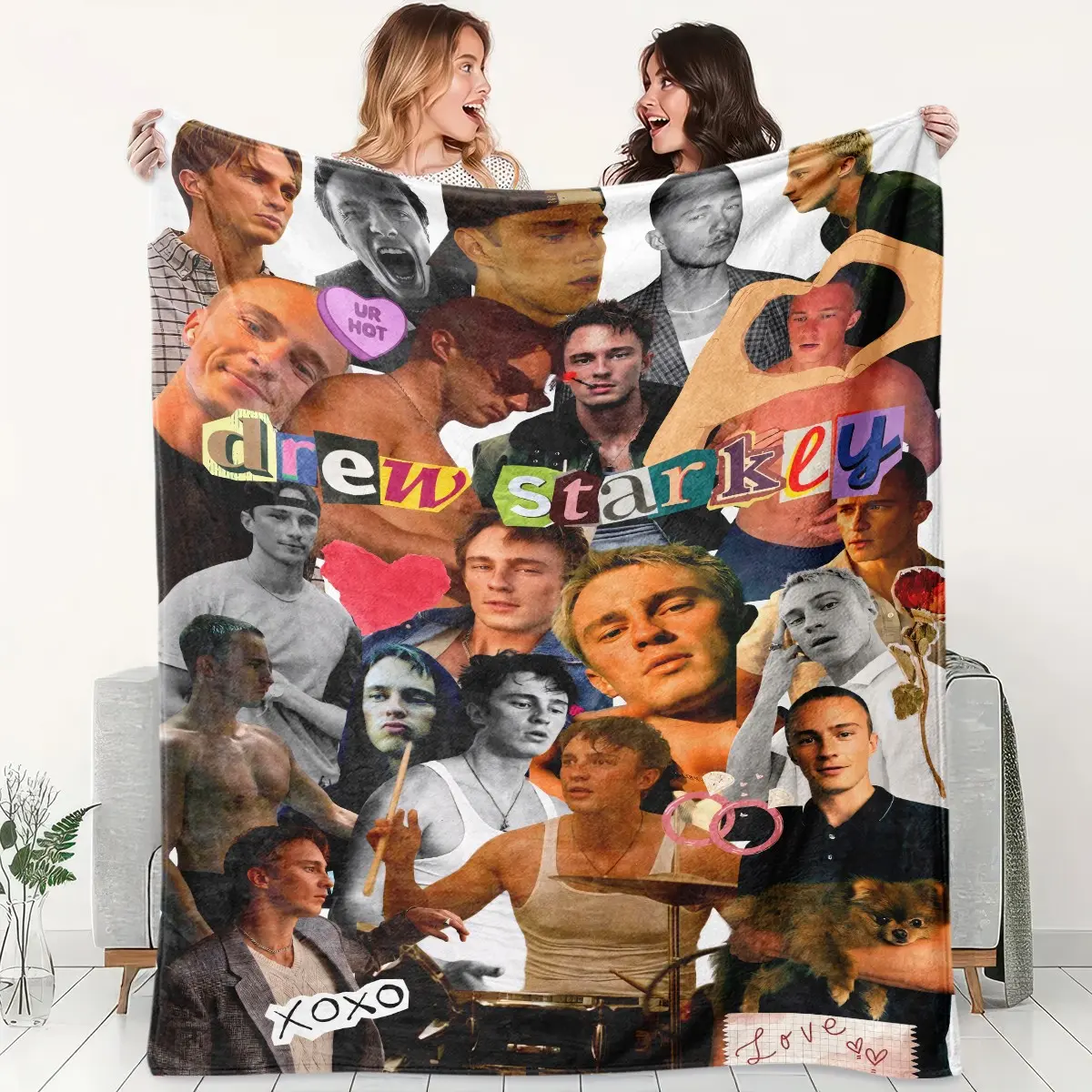 1pc Drew Starkey Collage Fleece Blanket, White Base Multi Portrait Heart Sticker Color Letter Scrapbook Print, Cozy Blankets and Throws. Soft Warm Throw for Sofa, Bed, Office, Leisure Space, Camping Trip, Ideal Christmas & Birthday Gift.