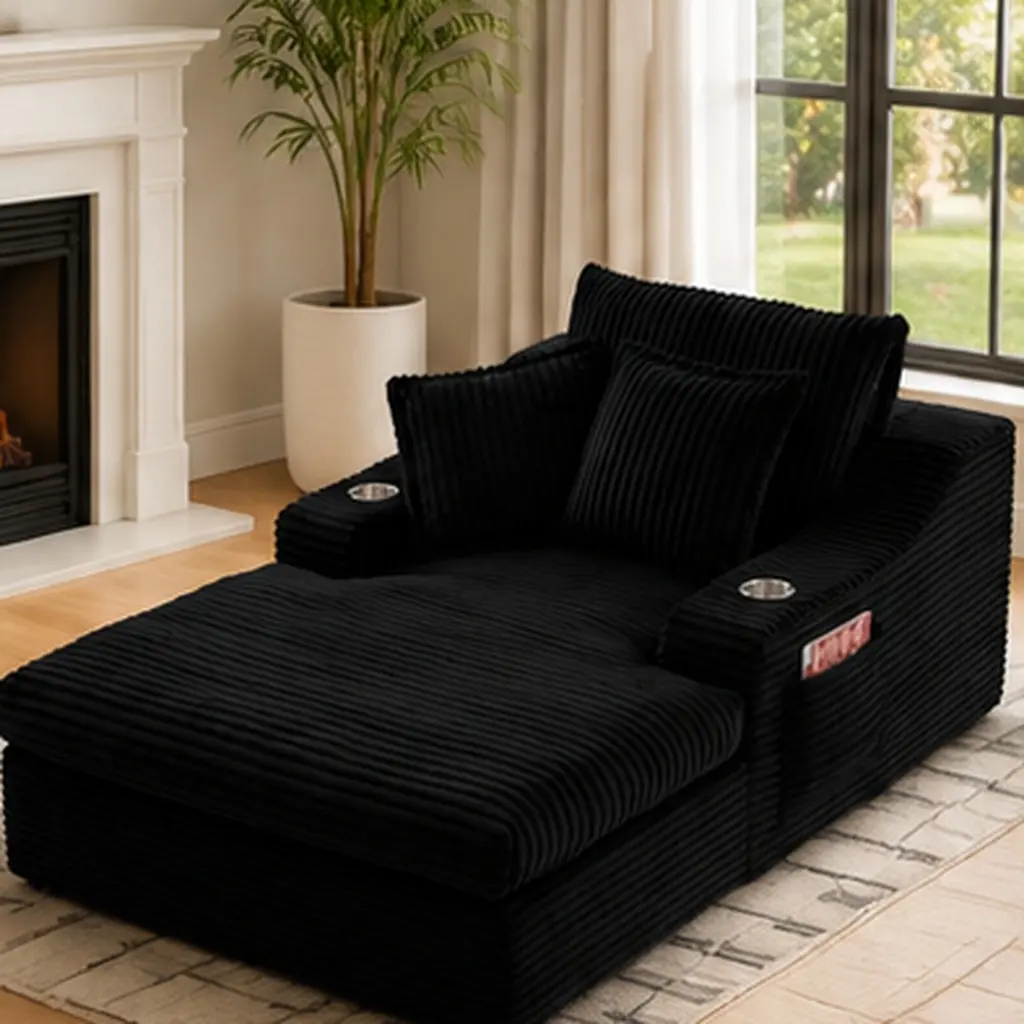 ARCH Oversized Chaise Lounge Chair Indoor 67'' Upholstered Sleeper Sofa Bed with Cup Holders Side Pockets 3 Pillows Faux Fur Fabric Living Room Reading Chair Multiple Color Options, Black/Blue/Brown/Gray Color Options, Fabric Material
