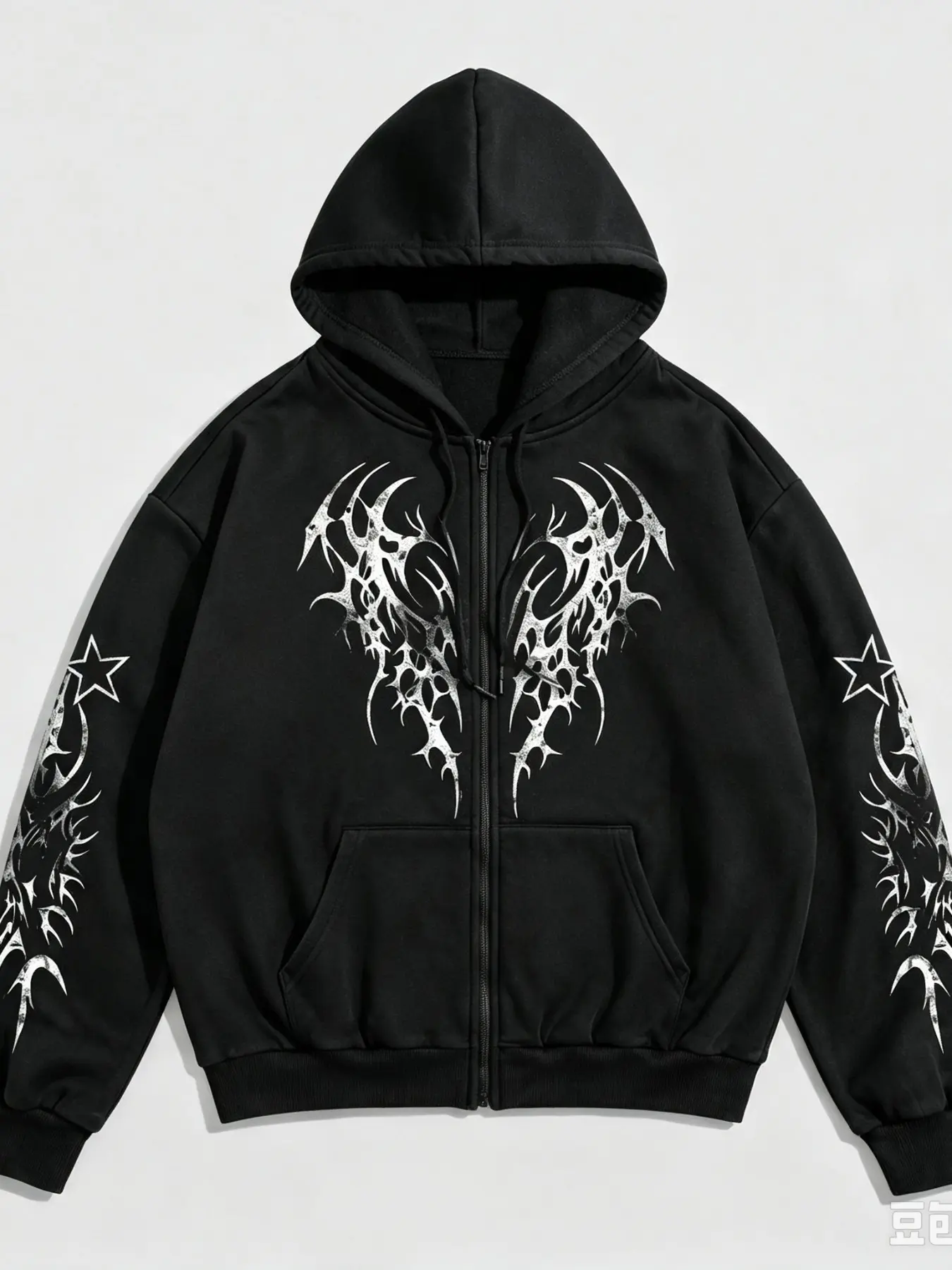 Men Y2K Goth Oversized Zip Up Hoodie, Gothic Clothes, Full-Zip Black Metal Thorny Demon Front Print Unisex Streetwear Hooded Jacket, Dual-Sleeve Spiky Star Thorn Graphic Sweatshirt, Breathable Loose Casual Jacket for Rock Concert Skate Daily Street Outfit