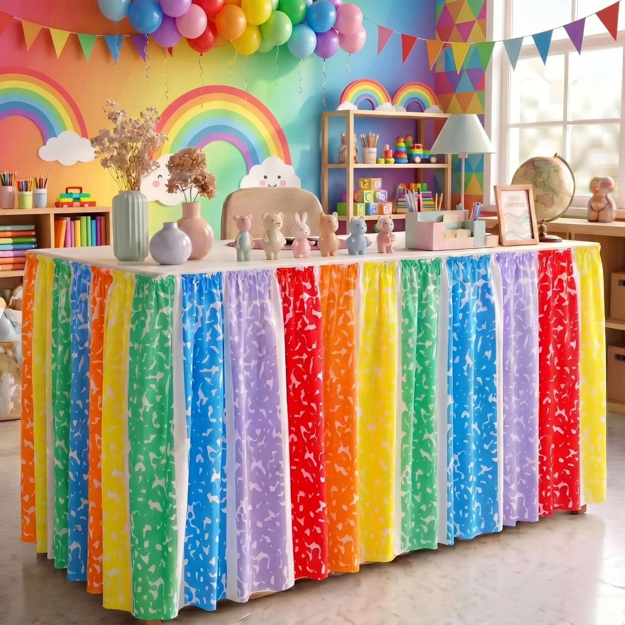 Circular Rectangular Universal 6-Foot Multicolor Teacher Office Desk Skirt, Rainbow Ruffle Table Skirt, Classroom Decor, Home Decoration