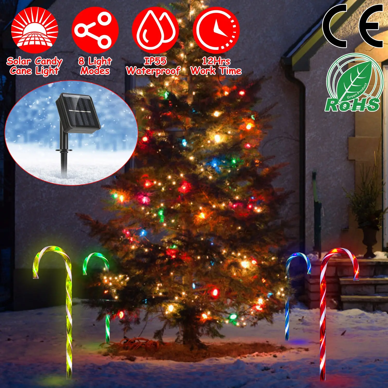 Solar Christmas Candy Cane Lights, 4-in-1 Outdoor Stake Lights with 8 Lighting Modes, IP55 Waterproof Pathway Decor for Yard, Garden, Lawn and Patio