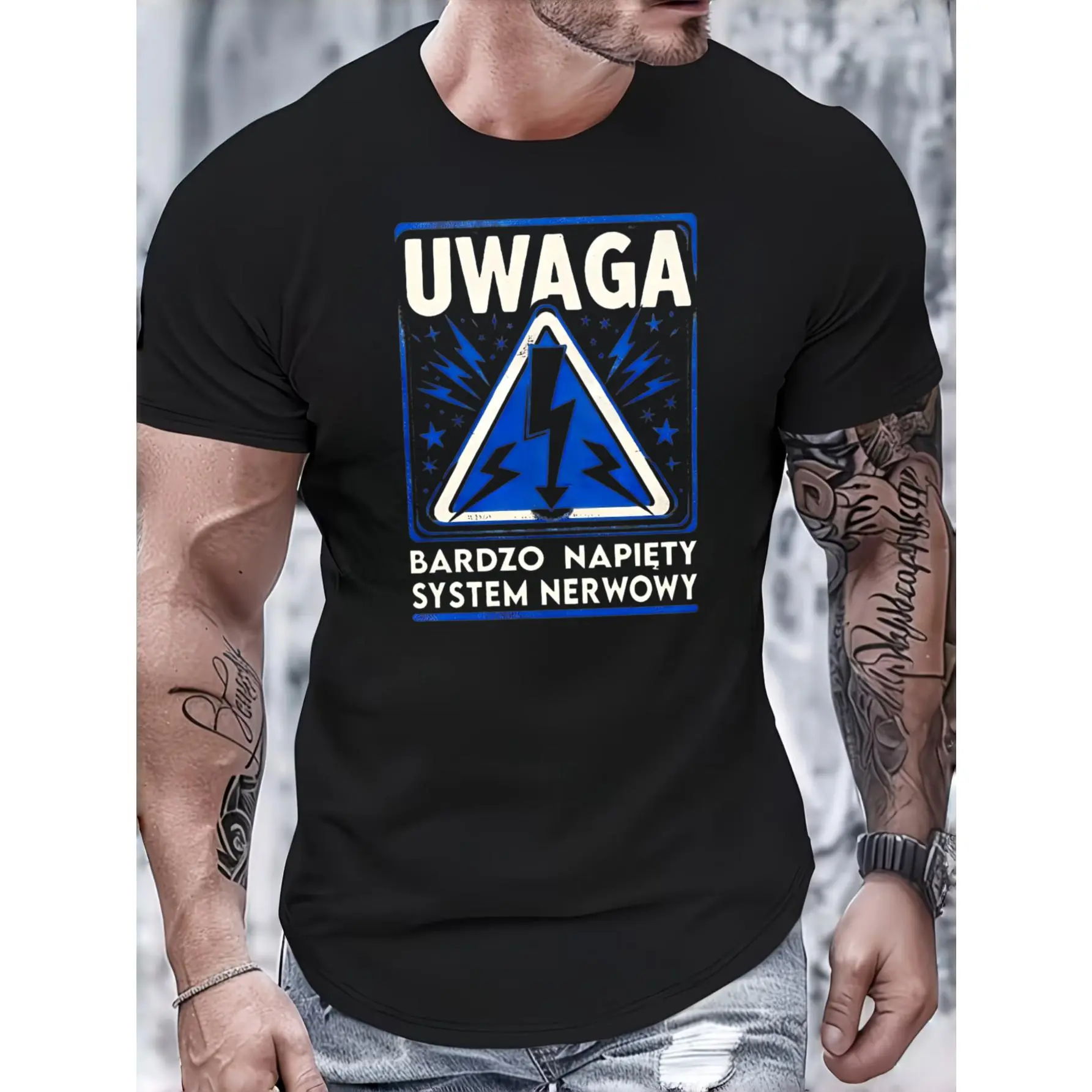 Casual Graphic, Men's T-Shirt, Uwaga Very Tense Nervous System Warning Sign Design, Summer Daily Wear, Gift For Boyfriend Husband Brother Friend