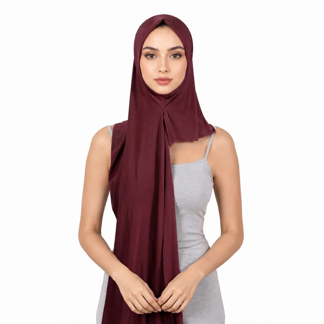 Burgundy Jersey Fabric Hijab Scarf - Pinless Wrap, One Size, Built-In Undercap, Breathable, Effortless Modest Everyday Wear Sports Headband
