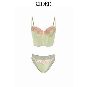 Cider Satin Sweetheart Floral Lace Up Lingerie Set