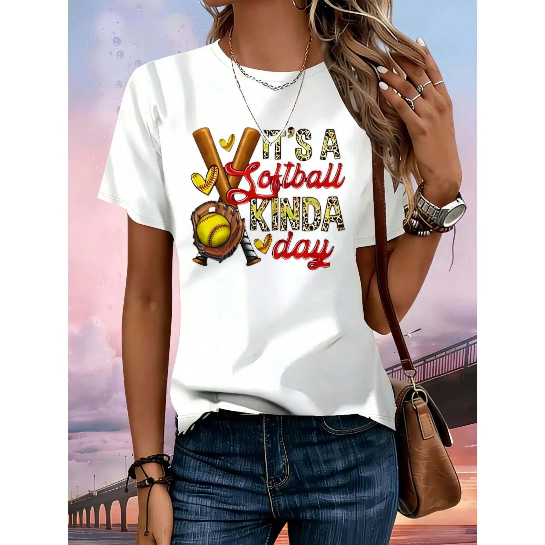 Women's 100% Cotton Softball Graphic Crew Neck T-Shirt - Seamless Knit, Bat & Ball All Over Print, Casual Loose Normal Type, Short Sleeve, Regular Length, Machine Washable for Outdoor Sports