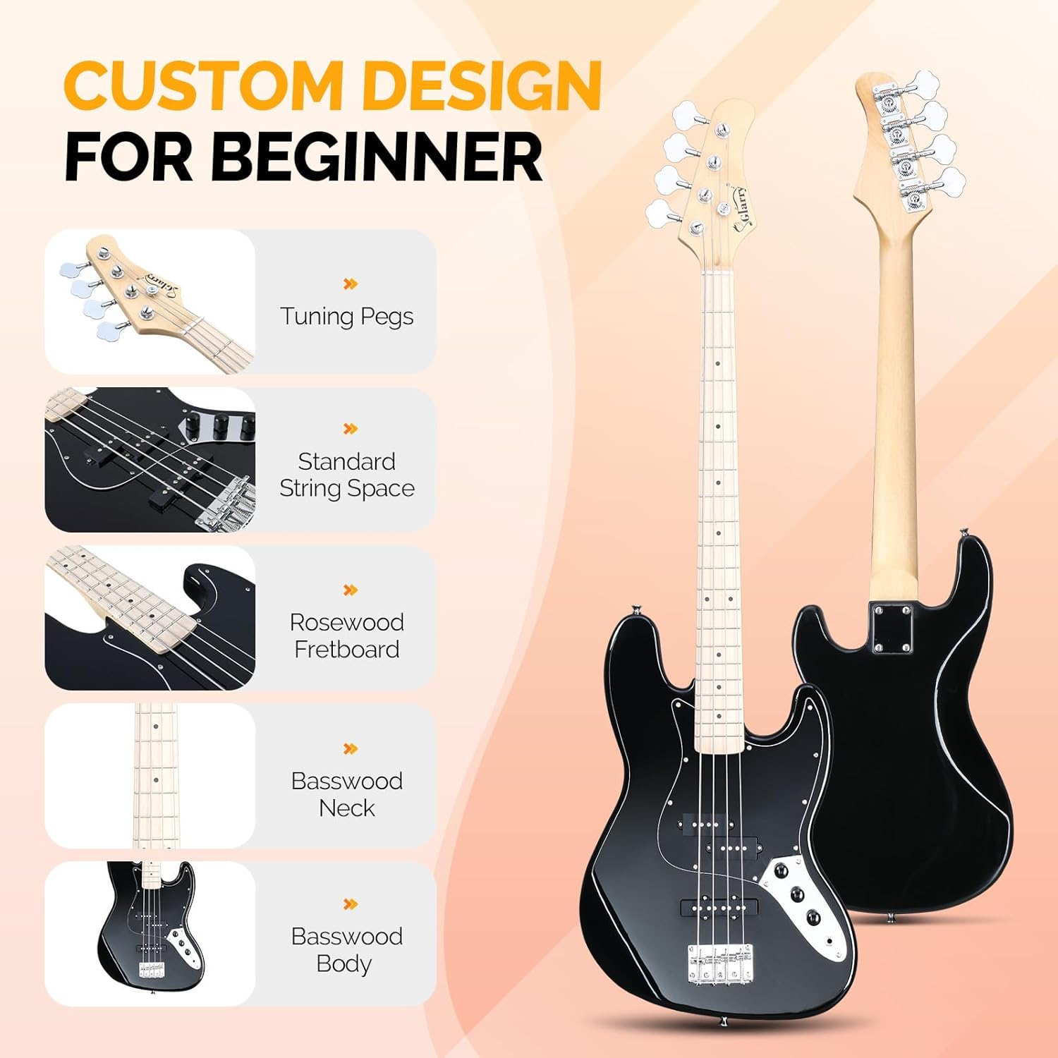 GLARRY Bass Guitar Full Size 4 String Exquisite Stylish Bass with Guitar Bag Power Line and Wrench Tool (Black, With AMP)