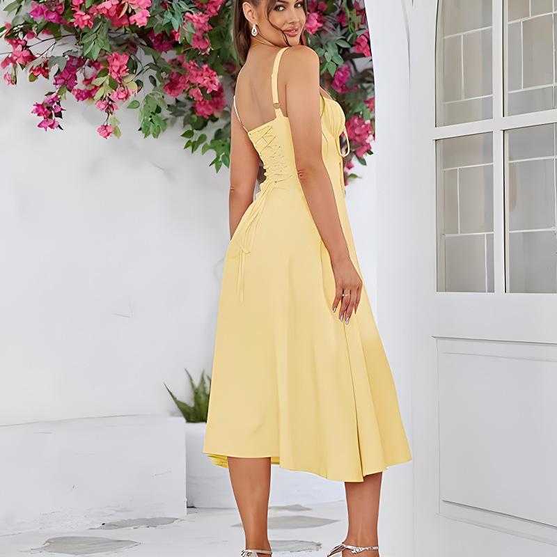 2026 Spring Summer Women's Fishbone Suspender Dress Lace Up Drawstring Bustier Split Hem Bodycon Slim Fit Stretchy Party Dating Vacation Sundress