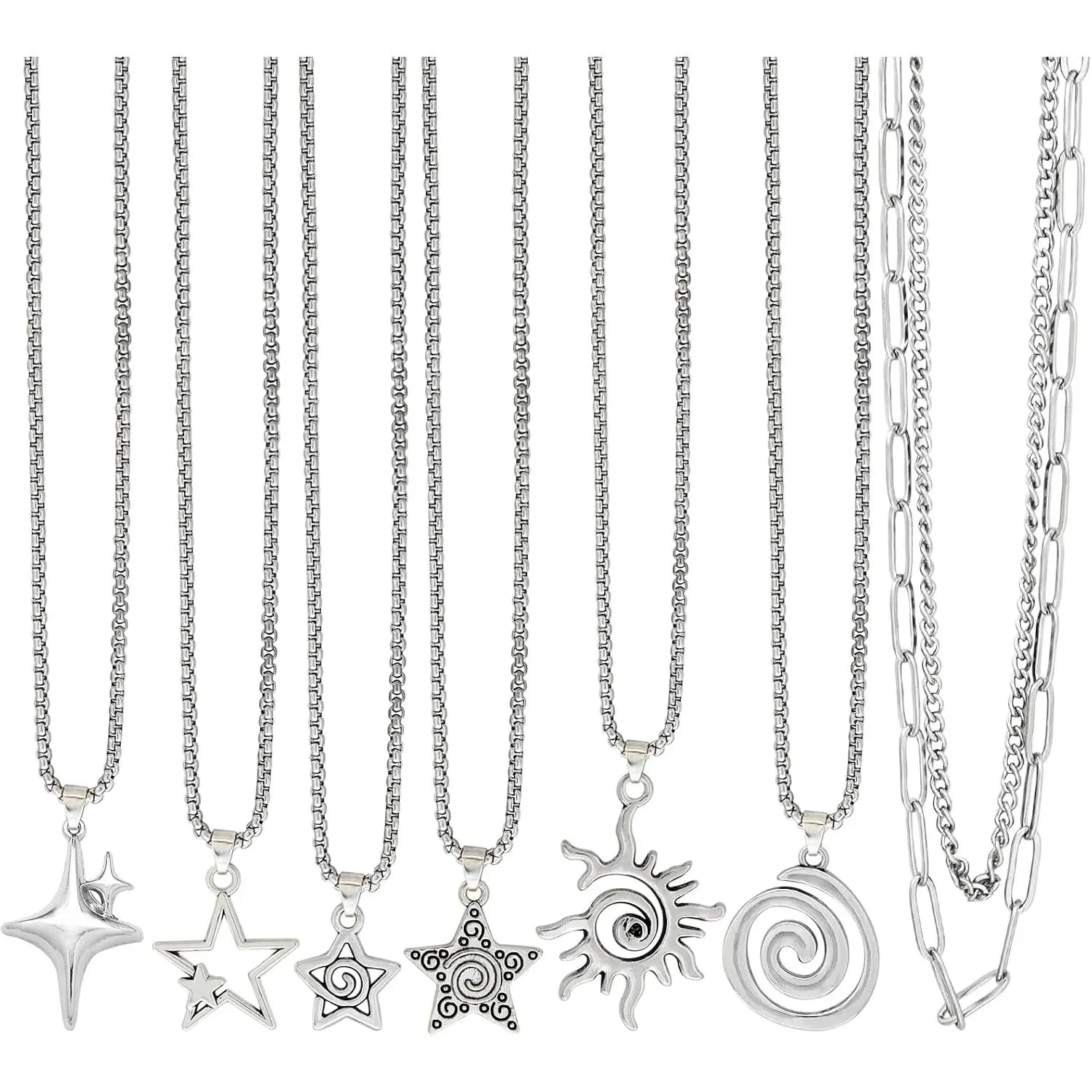 7 count Layered  Y2K Grunge Necklace Set for Women Men Gothic Emo Alternative  Goth Spiral Sun Pentagram Heart Pendant Stainless Steel Chain Choker Y2K Alt Scene Accessories Gifts