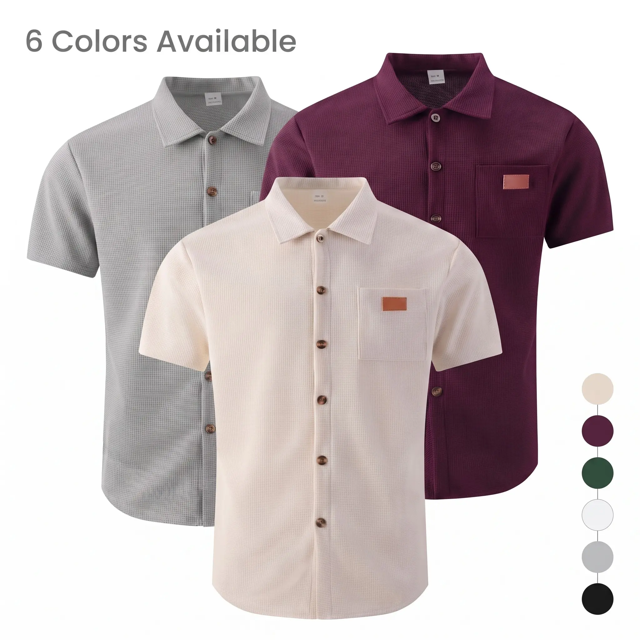 Mens Waffle Knit Button Down Shirt Short Sleeve Textured Summer Shirt Breathable Lightweight Soft Casual Collared Shirt with Pocket for Men Beach Vacation Resort Travel Daily Wear Weekend Outfit