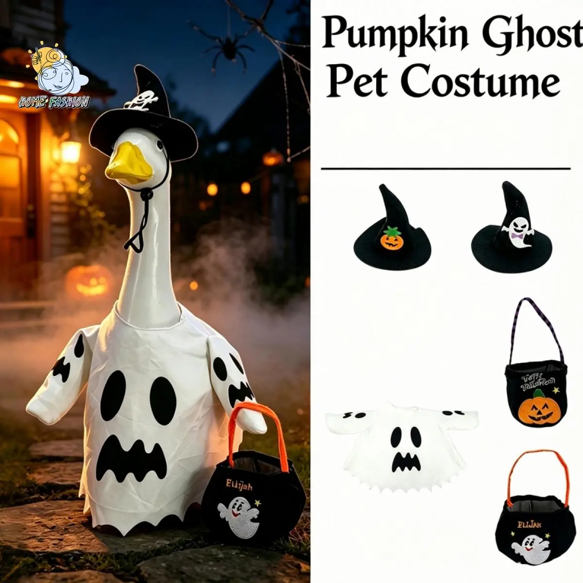Halloween Ghost Pet & Lawn Goose Costume Set - Adjustable Witch Hat, 2-Print Polyester Ghost Cloak, Custom Name Embroidered Trick-Or-Treat Candy Bag, Front Yard Decor & Pet Party Accessory, Ghost Print