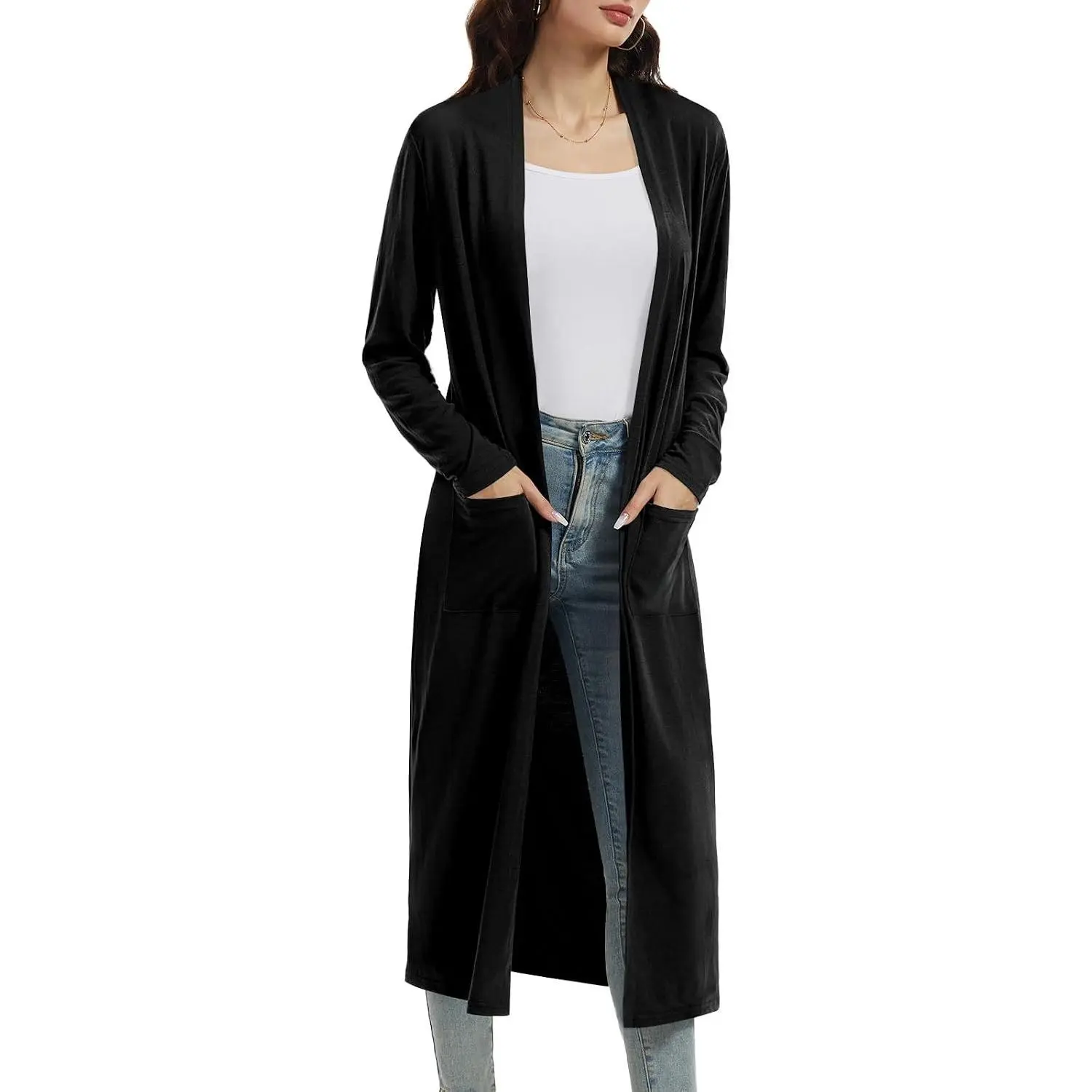 Women's Lightweight Maxi Cardigan Long Sleeve Open Front Casual Duster with PocketsGift