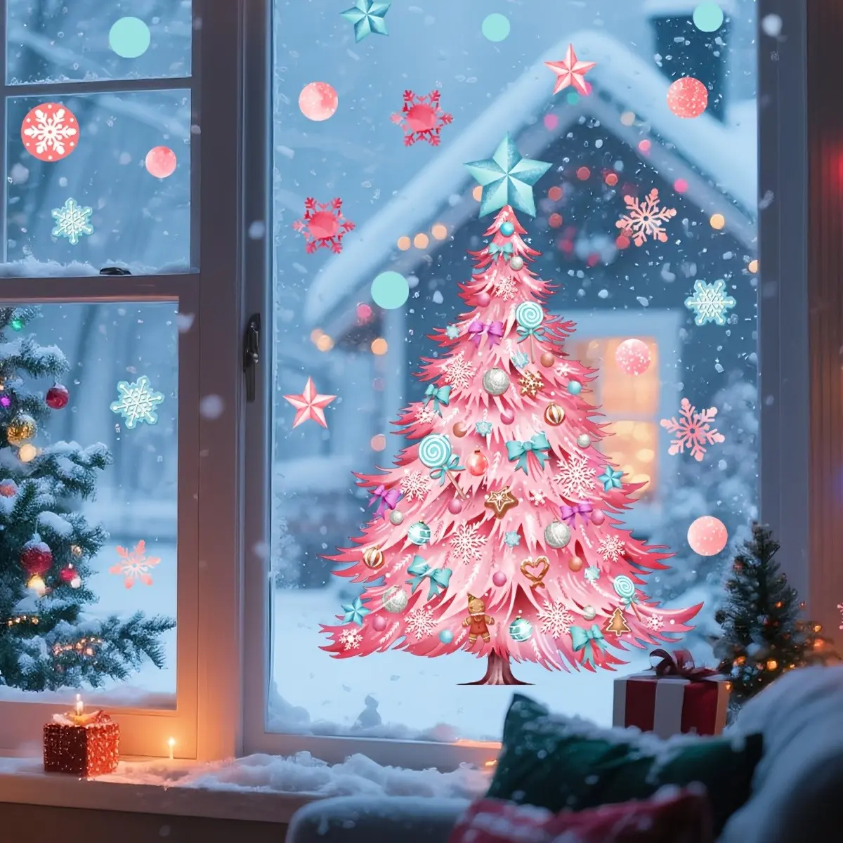 Christmas Tree and Snowflake Design, Dual-Sided Visible, Perfect for Bedroom, Living Room, Balcony, Window Decor, Exclusive Holiday Ornament