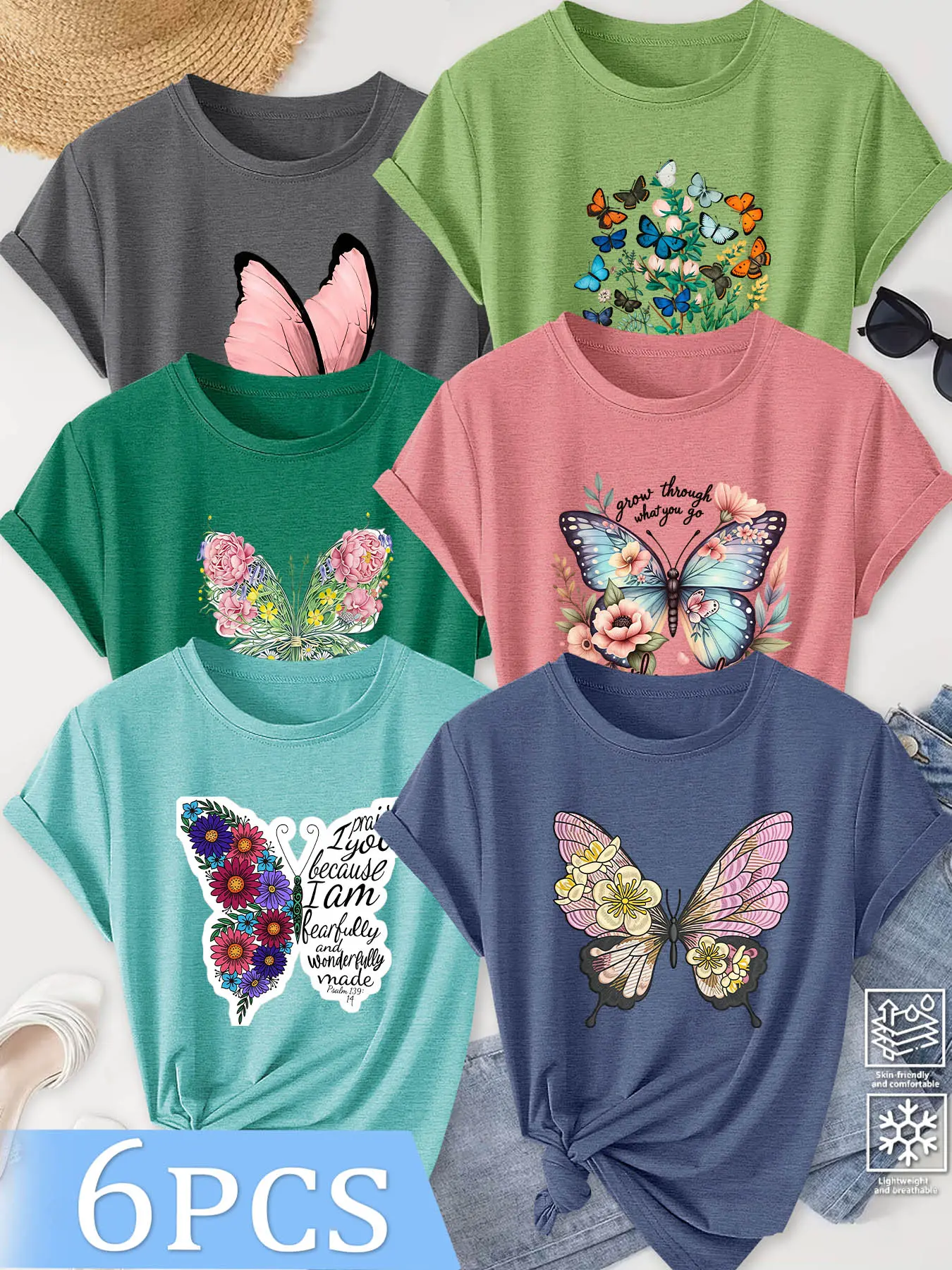 6Pcs Women Crew Neck T-Shirt, Inspirational Slogan Floral Butterfly Vibe Print, Multi-color Washable Spring Summer Top, Soft Skin-friendly Fabric Daily Versatile Bohemian Chic Casual Fashion Design