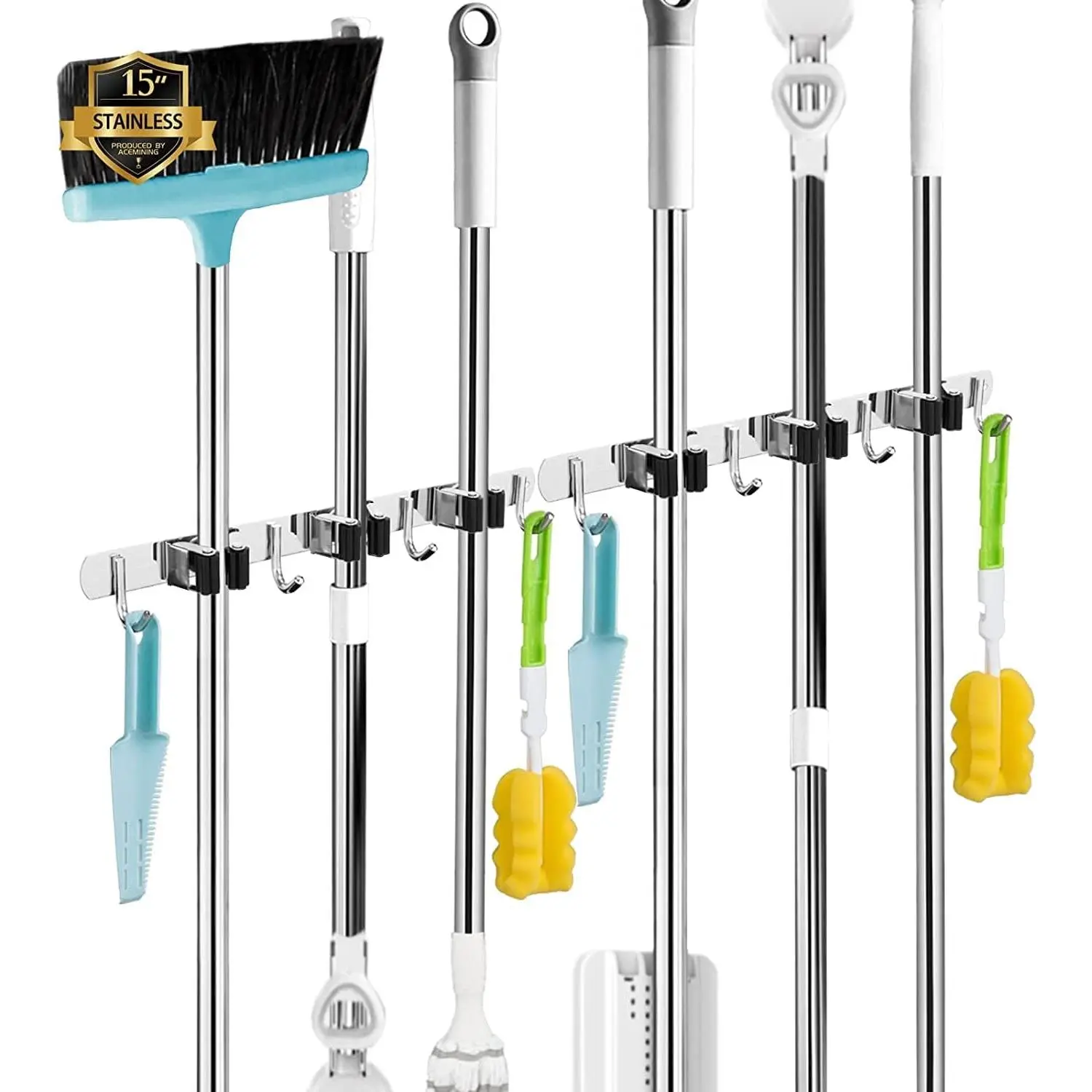 2 Pack Broom Holder Wall Mount, 3 Racks 4 Hooks Mop and Broom Organizer | Mop Holder Wall Mount and Broom Hanger for Garage, Laundry Room, Kitchen and Utility Storage