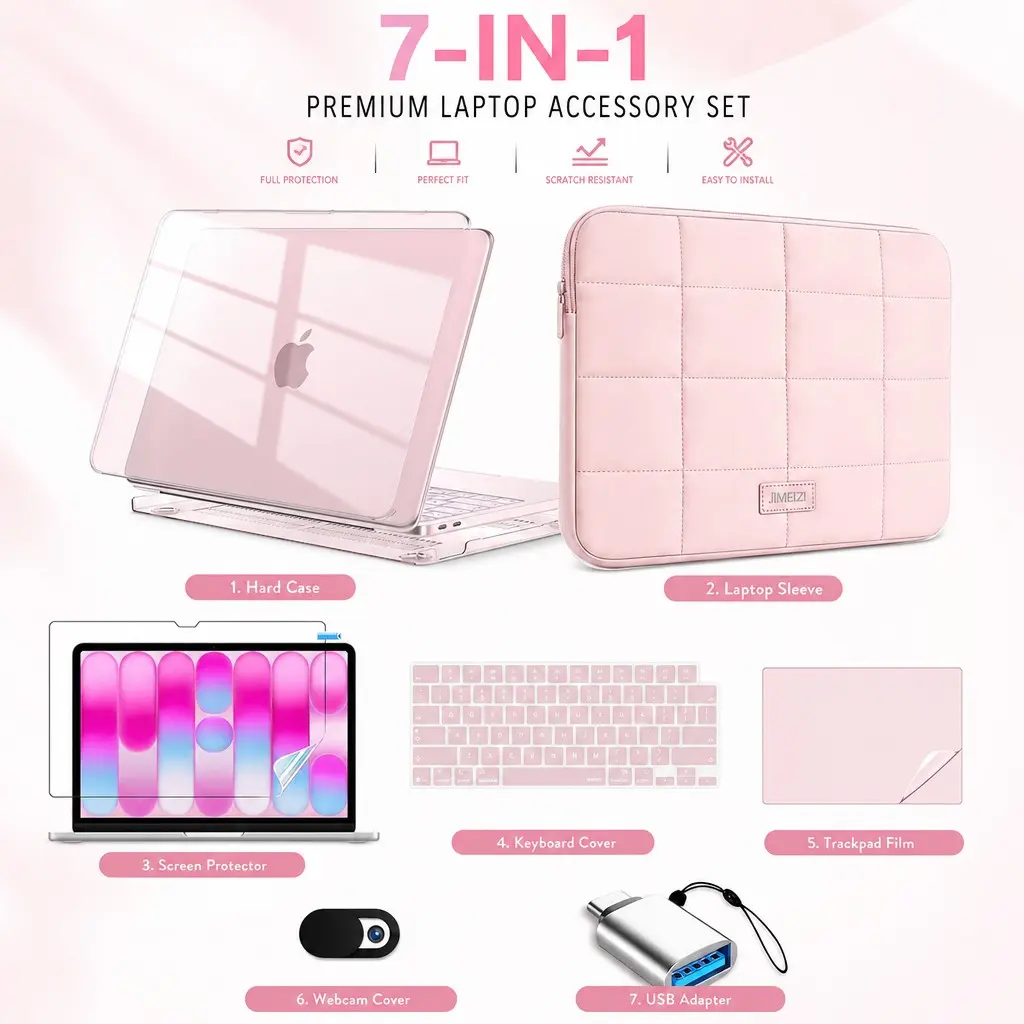 Macbook Neo 7-Piece Aesthetic Transparent Protection Set, Glossy Crystal Case + Keyboard Film + Screen Protector + Laptop Sleeve