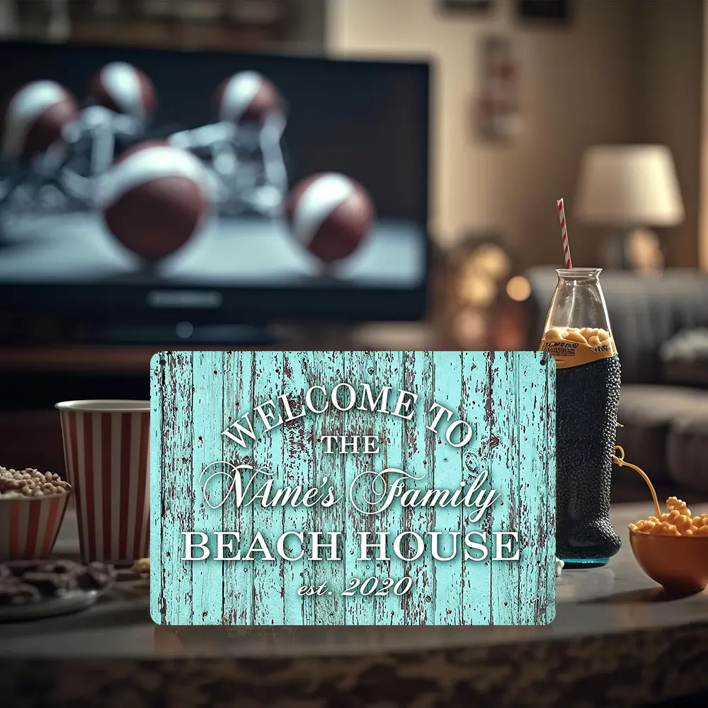 Custom Name Family Beach House Weathered Wood Plank Metal Sign 12×8 Vintage Distressed Waterproof Aluminum Wall Decor Coastal Beach Vacation Lovers Backyard Patio Hanging Personalized Holiday Gift
