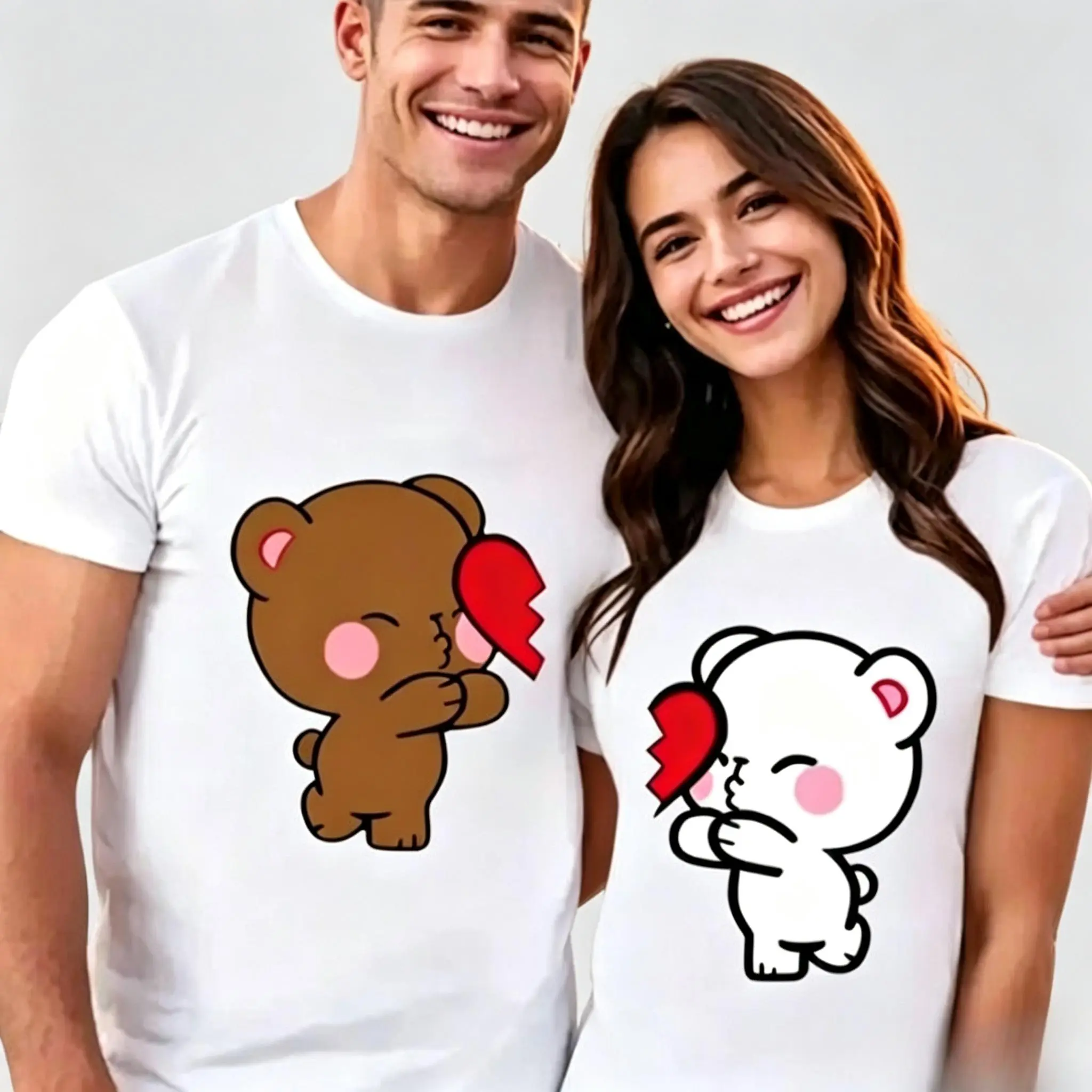 Women's Couple Matching Bear Graphic Short-Sleeve Round-Neck T-Shirt - Soft Breathable Streetwear Top, Cute Love Outfit for Dates, Festival, Party, Perfect Valentine’s Day Gift for Couples, Shortsleeve# versatile short sleeve