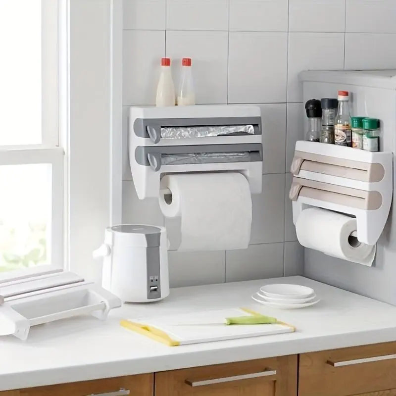 4-in-1 Compact Kitchen Organizer for Home Supplies - Functional, Durable, Rust-Resistant, Built-In Cutter, Foil & Cling Film Dispenser, Paper Towel Holder, Easy Access & Installation