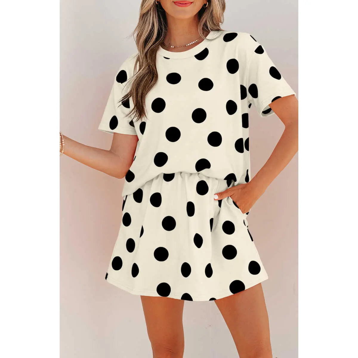 Women's 2 Piece Skort Set, Retro Style Polka Dot Matching Outfit with a Short Sleeve Round Neck T-Shirt and High Waisted Mini Skort with Pockets, Shortsleeve, Women's Clothes, Accessories