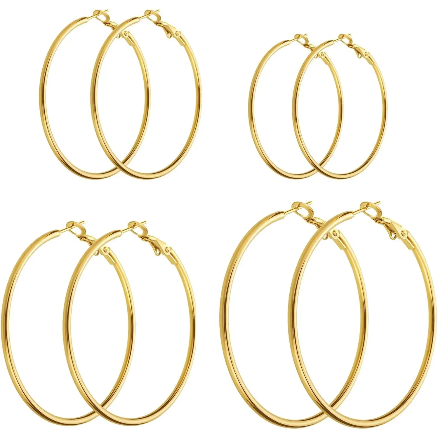4 Pairs  Hoop Earrings for Women | 14K  Plated  Small Large Earrings Set, Lightweight Stainless Steel Hoops