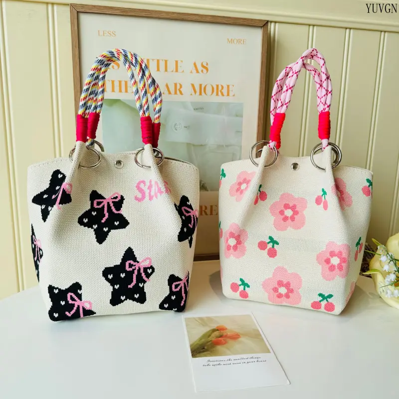 Cute Floral Cherry Knit Bucket Handbag, Plaid Braided Rope Handle Snap Closure Mini Tote Bag, Casual Daily Portable Purse tiktokshopbacktoschool