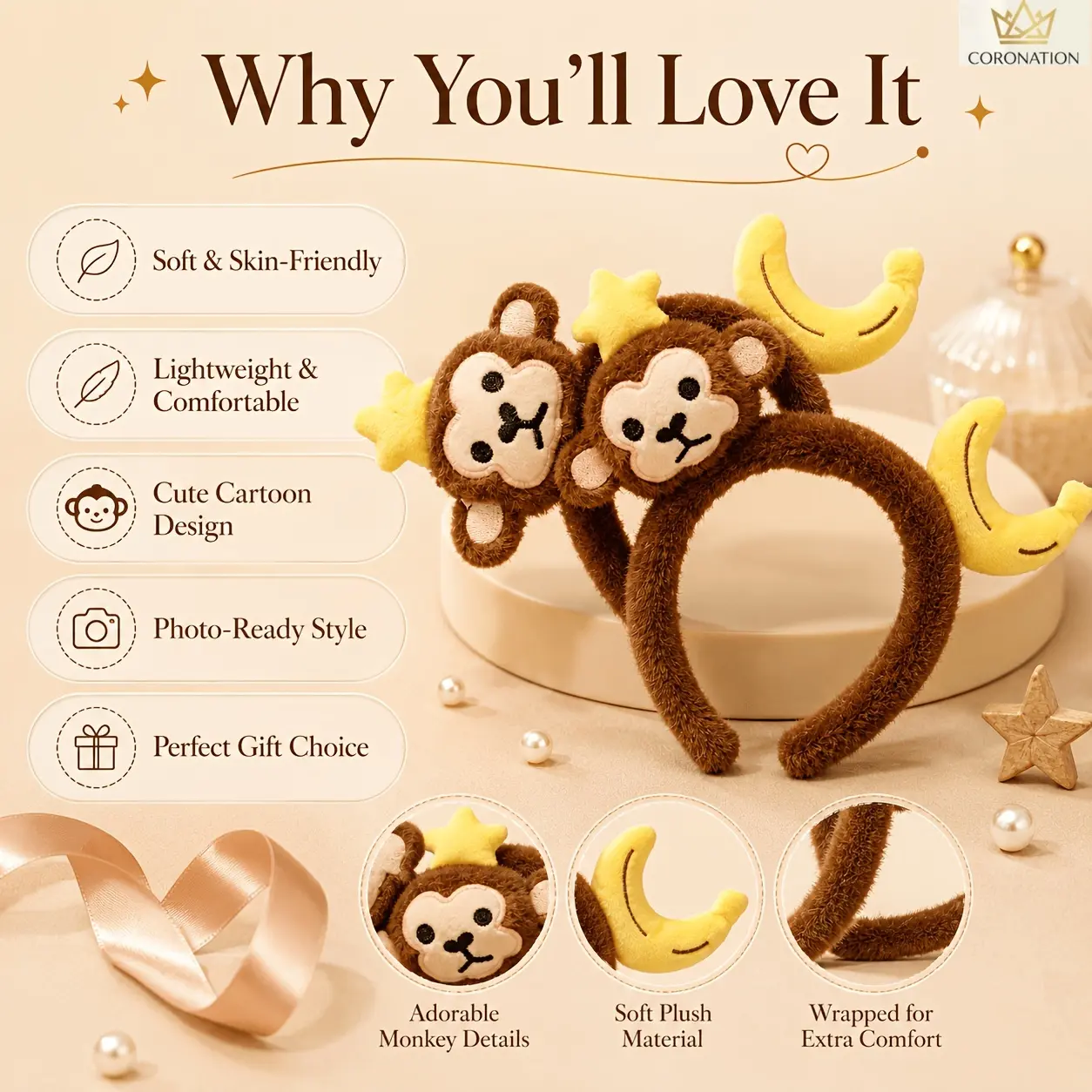 Soft Plush Monkey Head Headband with Banana Design, All Seasons Sports & Outdoor Hair Accessory for Women, Cosplay Props for Party Halloween Festivals, 2Pcs Option