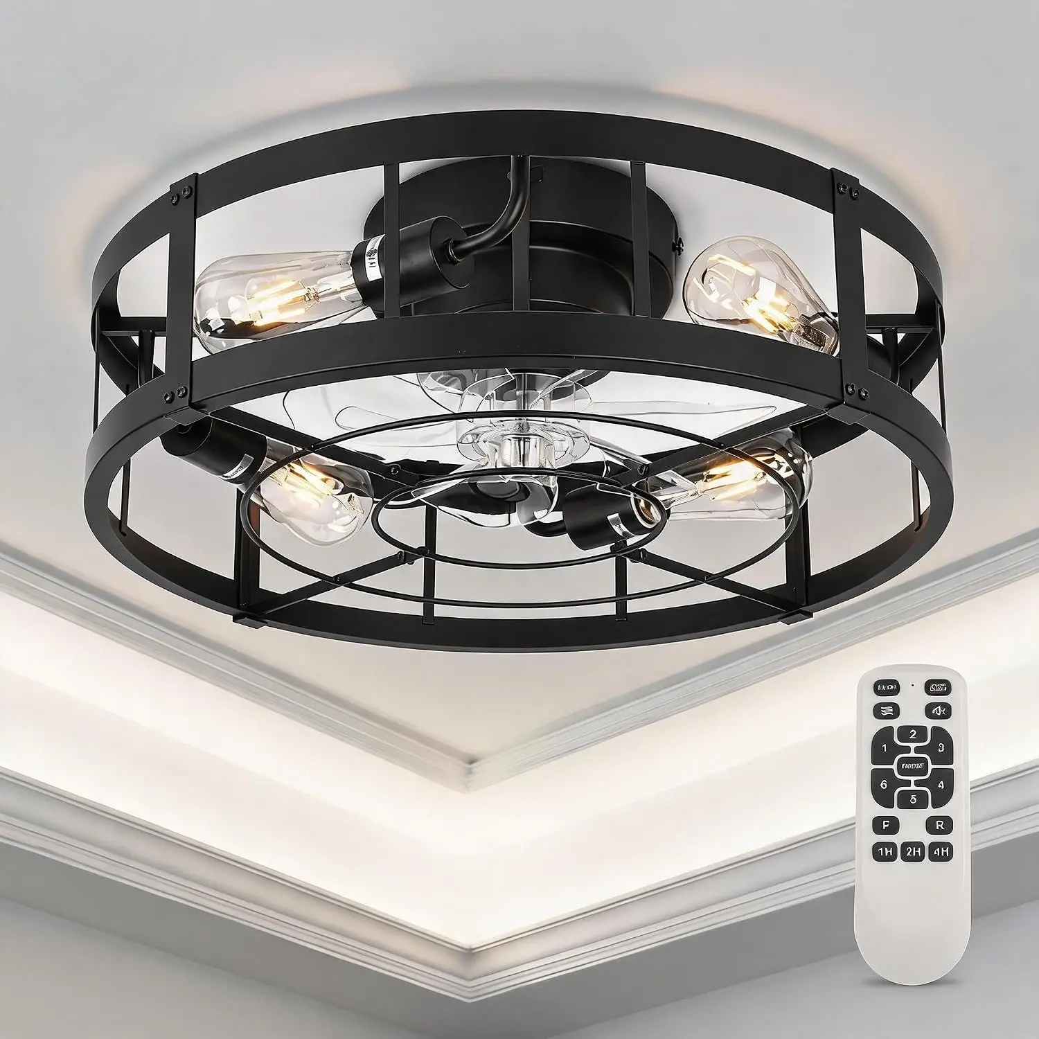 【GAOMON】20-Inch Industrial Bladeless Ceiling Fan with Light, Black Flush Mount for Low Ceilings, Kids Safe Design for Pets, Quiet DC Motor, E26 Socket, Remote Control, Indoor-Outdoor Use, Bladeless Fan