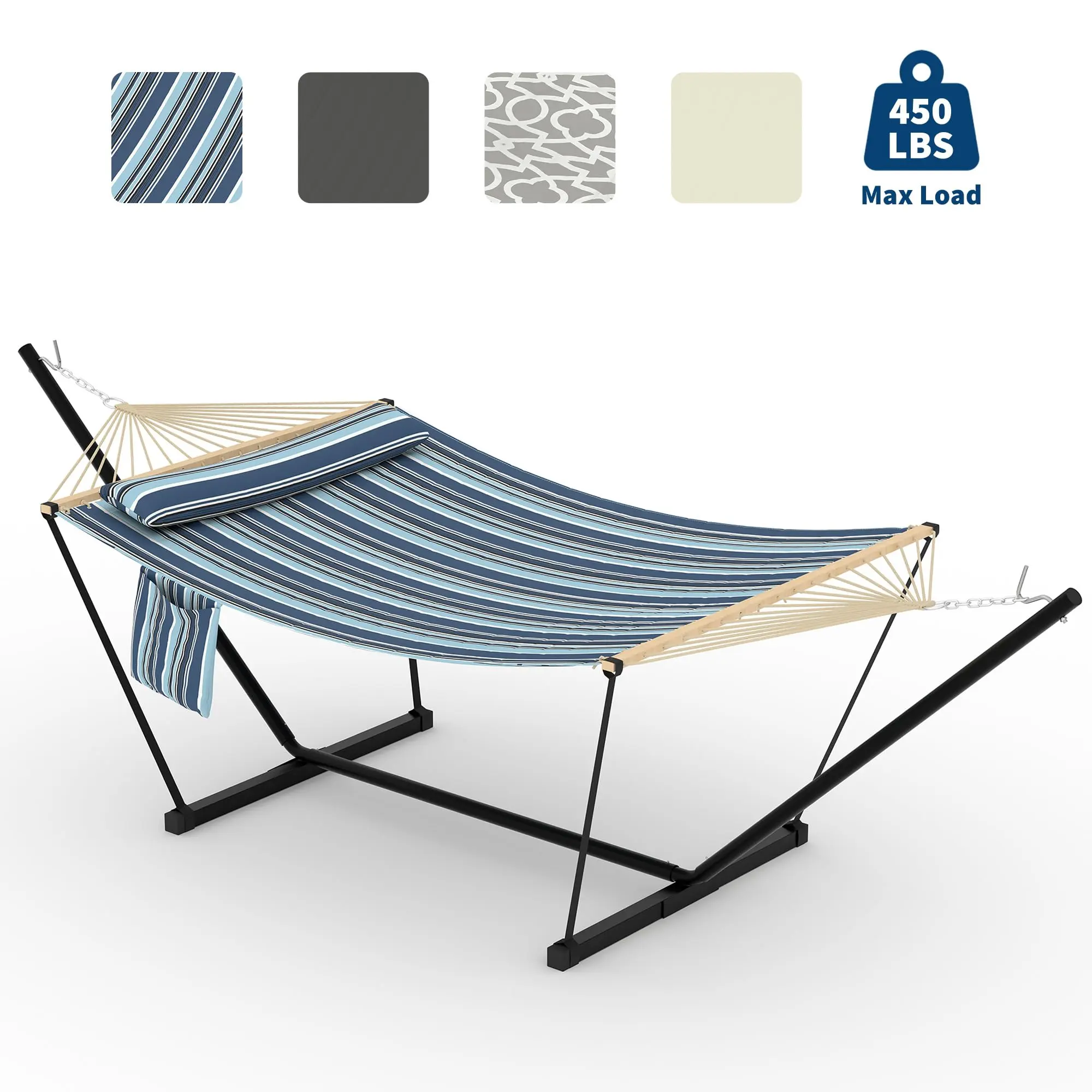 Double Hammock with Stand 2 Person | Heavy Duty 500 LBS Adjustable Steel Frame Portable Outdoor Swing Bed for Patio Backyard Beach