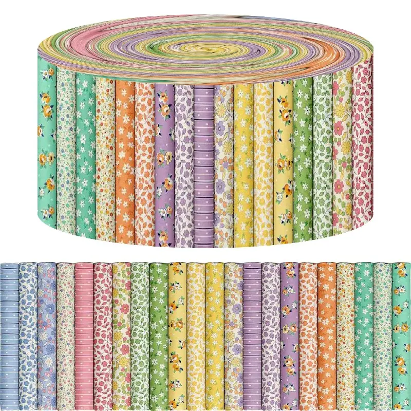 40PCS Garden Plants Themed Precut Polyester Strips Fabric, 2.55x19.7in Floral Quilting Fabric Bundle for Customised DIY Patchwork, Crochet Sewing Crafts