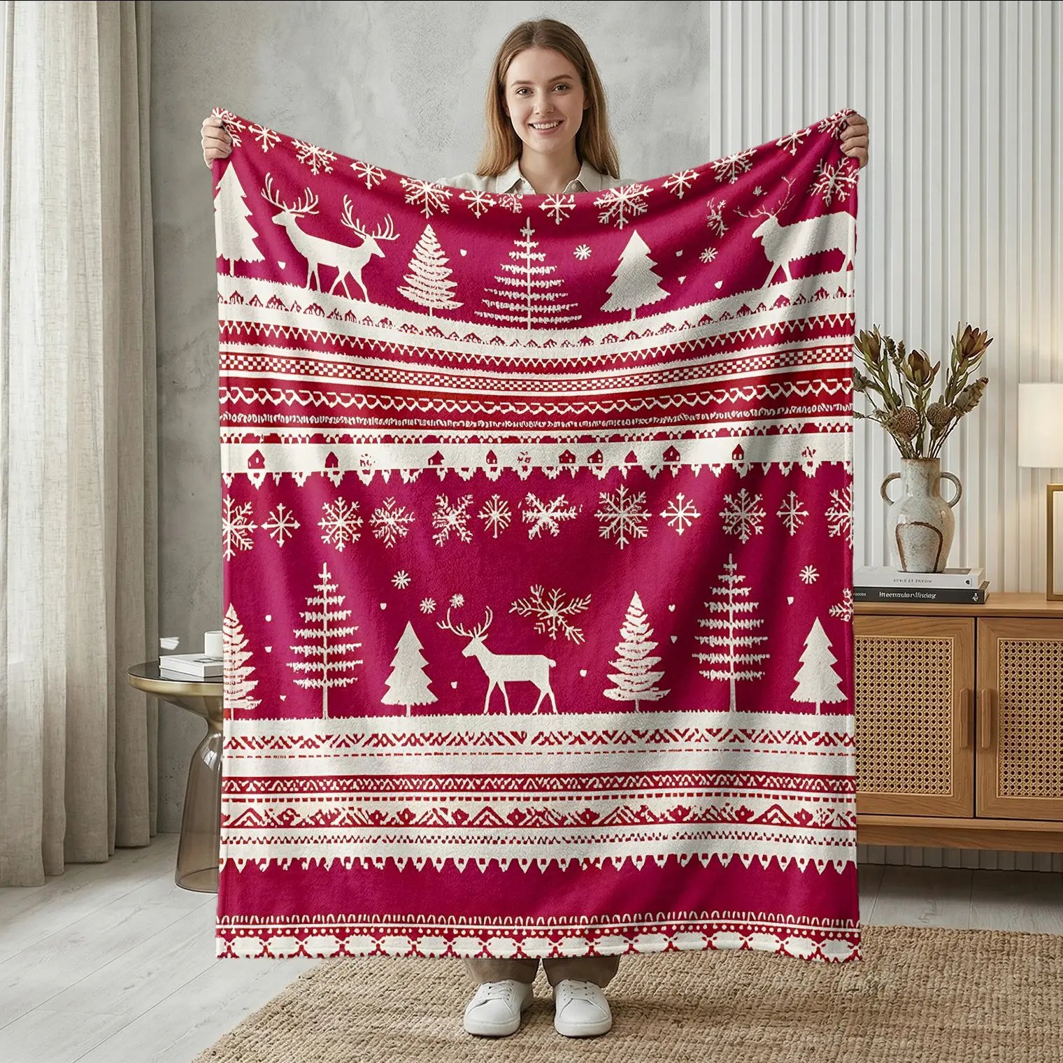 Nordic Christmas Retro Pattern Flannel Blanket, Reindeer, Christmas Tree, Snowflake, Thick and Warm, Bed Tail Sofa Cover, Holiday Gift
