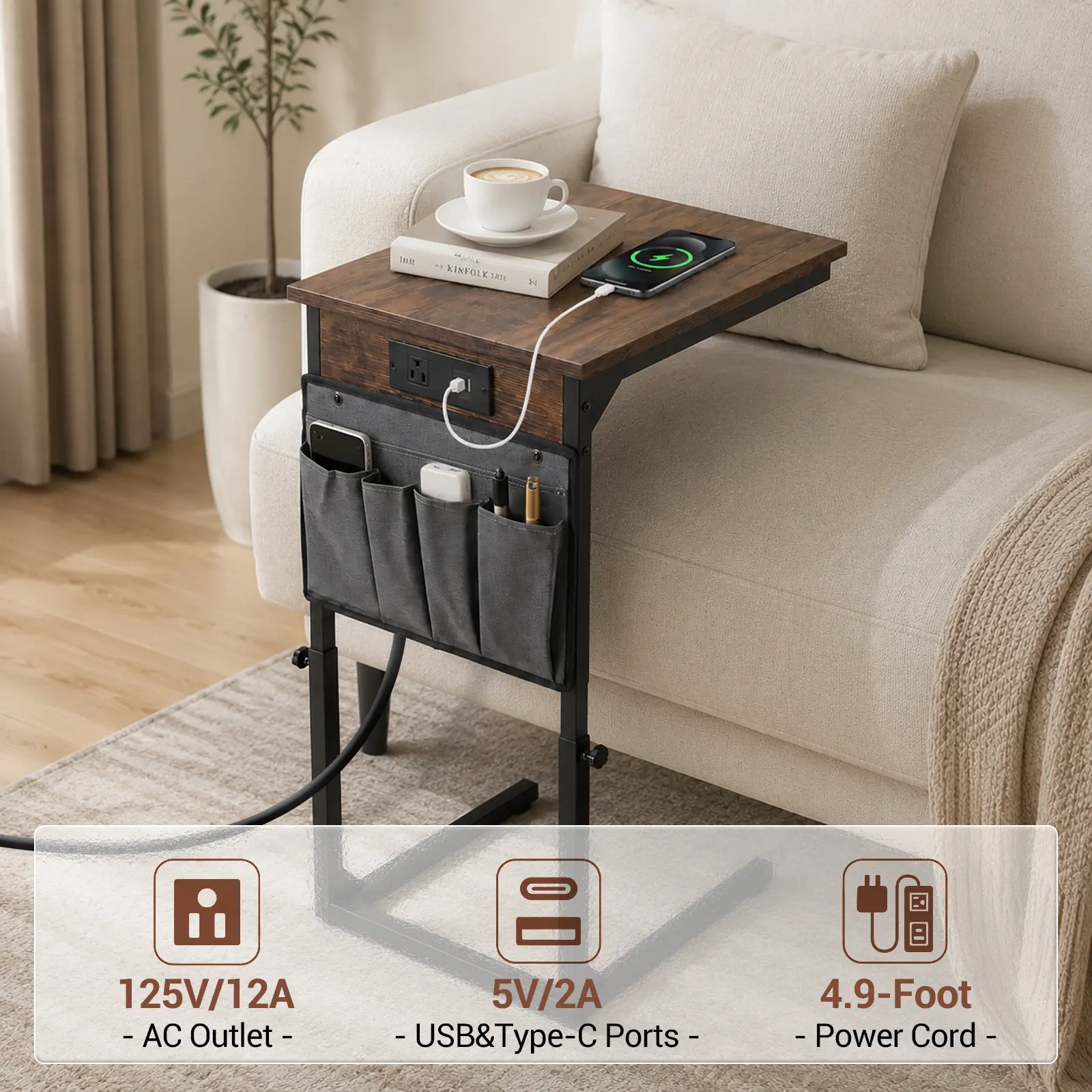 Home Sofa Table TV Tray C-Shaped End Table with Charging Station, Small Side Table for Couch, 33" Tall C Table Adjustable Height Side Table, Couch Tables that Slide Under for Living Room