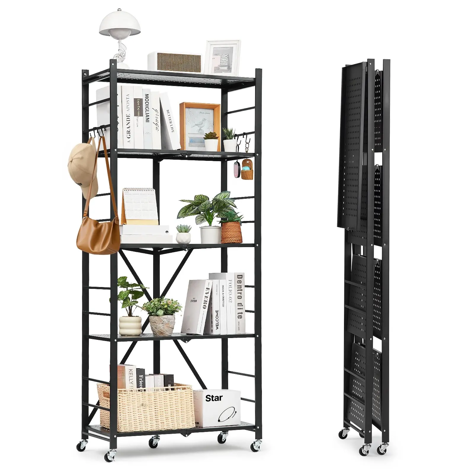 【DealsForYouDays】VEVOR Carbon Steel 5-Tier Foldable Shelving Rack, 28x13x66in No-Assembly Single Unit Storage Organizer with 5 Wheels & 4 Hooks for Kitchen/Garage, Black, Folding