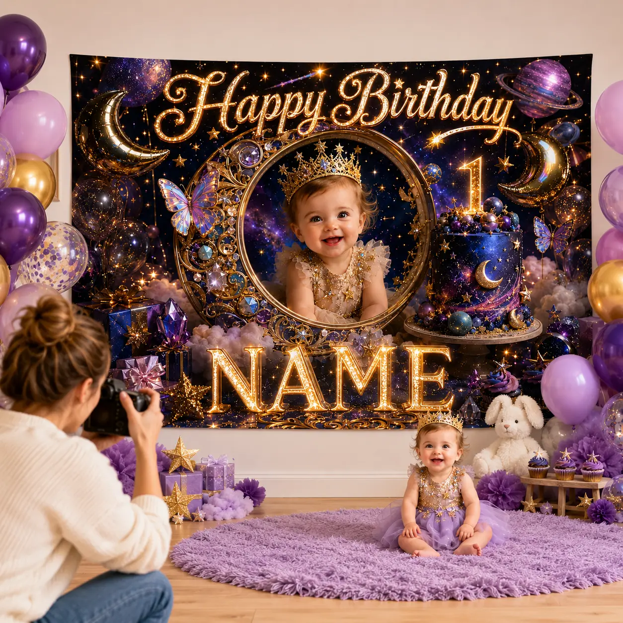 Customizable Celestial 1st Birthday Backdrop & Banner, Personalized with Photo, Name, Moon, Stars, Planets, Butterfly, Crown, Cake - Galaxy Cosmic Party Decor for Festive Events, Banners, Photo Insert