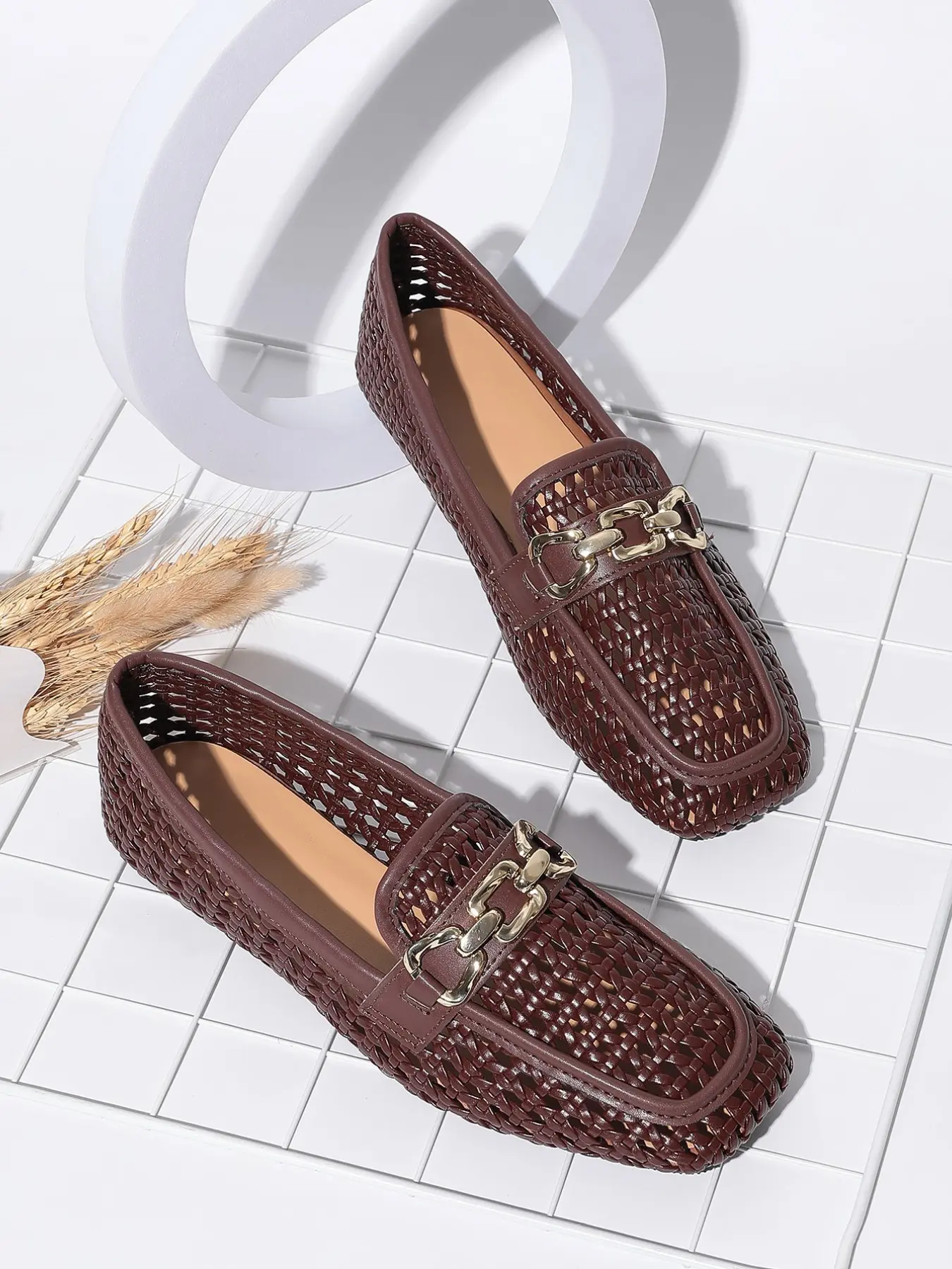 Women's Retro Braided Flat Sandals, Square Toe Chain Decor, Breathable Mesh Design, Soft Leather Material, Casual Trendy Flat Daily Wear, Soft Sole Flats, Casual Summer Flats