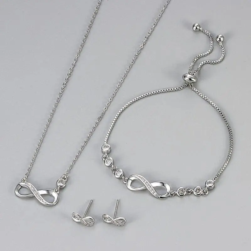Women's Silver Infinity 8-Word Zircon Statement Jewelry Set - Necklace, Bracelet, Earrings, Gift-Ready Statement Pieces for Adults, Combined Setting, Matching Statement Jewelry Gifts