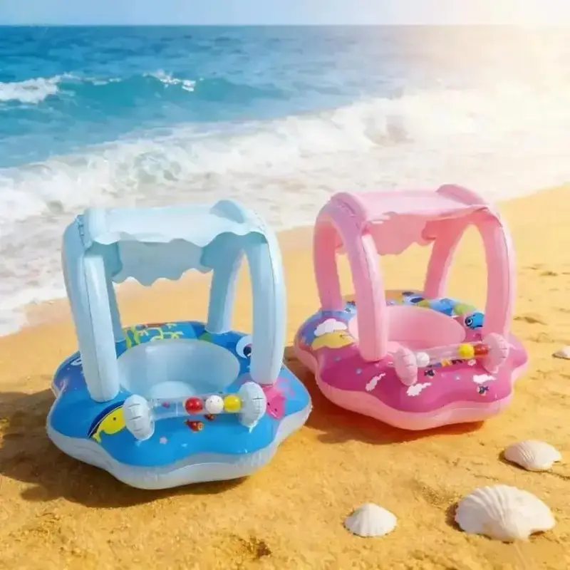Anti-Tip Inflatable Baby Swim Float with Removable Sun Canopy, Viral Toddler Pool Training Ring with Interactive Toy Bar, Leakproof Safe Infant Water Float, Kid Summer Essential for Backyard Pool Family Bath Time Daily Water Play