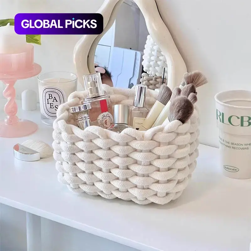1/2 Counts Woven Decorative Storage Basket, Stackable Rope Cosmetics Storage Bin, Rope Baskets for Storage, Desk Organizer for Snacks, Perfume and Home Decor in Bedroom, Living Room, Vanity or Bathroom, Rope Basket #GLOBAL PICKS