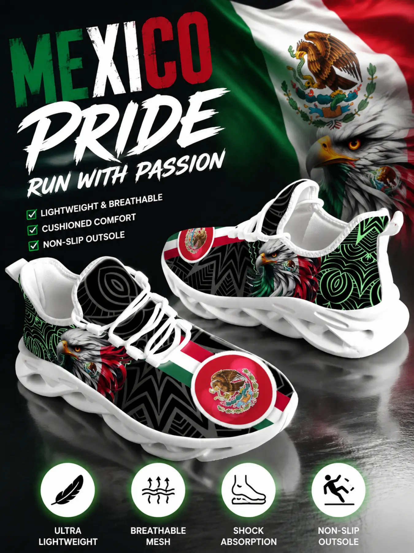 Mexico Flag Eagle Flag Full Coverage Design Couple Sneakers Patriotic Print Men's Lace Up Running Shoes Breathable Low Top Casual Sneakers, Casual Trainers Non Slip Durable Comfortable Thick Sole Outdoor Lightweight Lace Up Traine