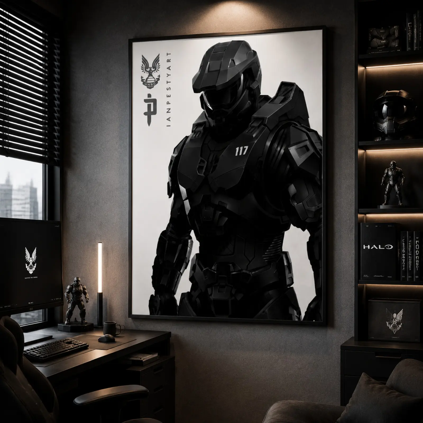 Halo Spartan 117 Canvas Poster, Master Chief Gaming Wall Art, Xbox Inspired Black & White Gamer Room Decor, Modern Sci-Fi Bedroom Poster, Gift for Halo Fans & Collectors, Framed or Unframed Canvas Print